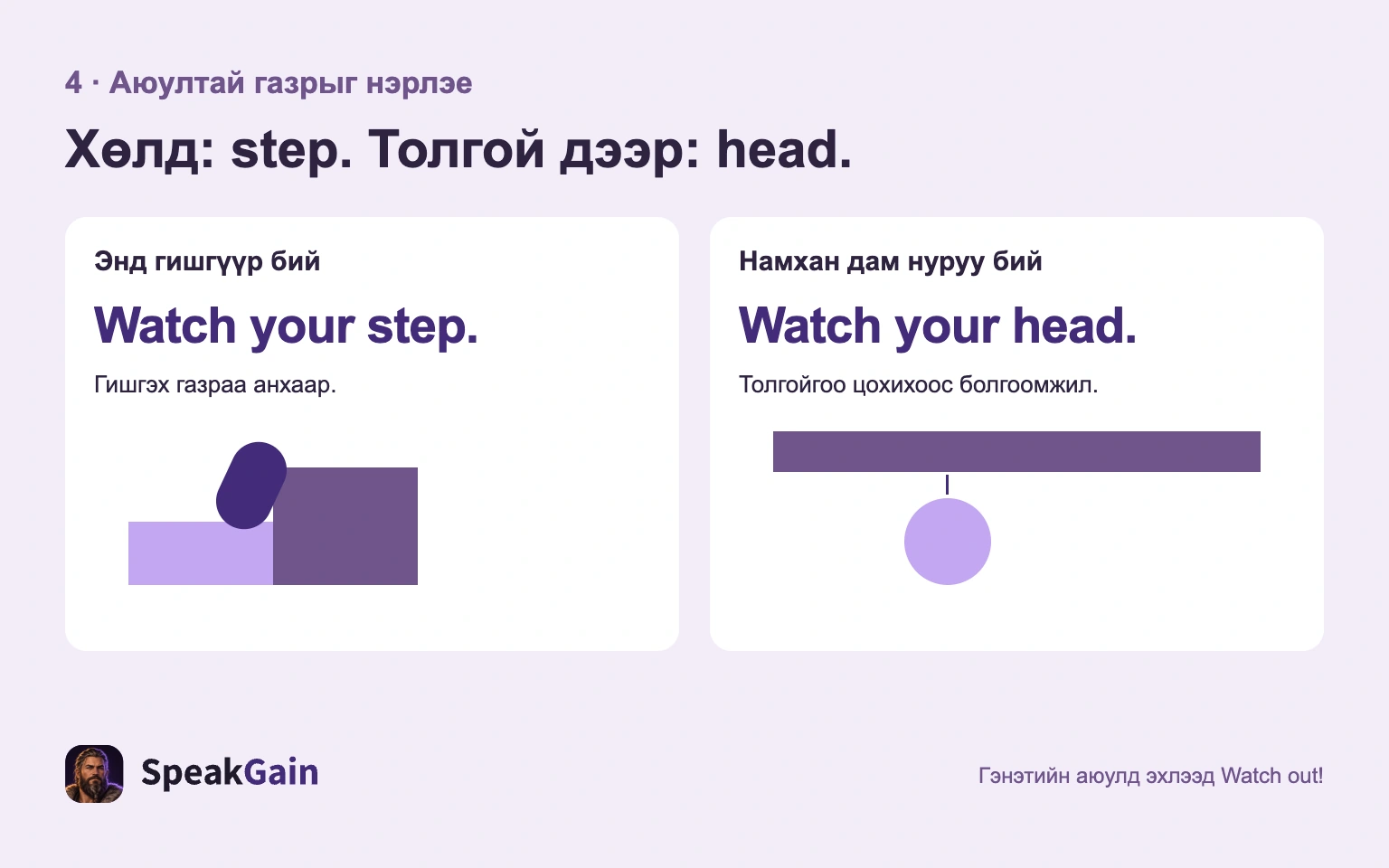 Гишгүүрт Watch your step., намхан дам нуруунд Watch your head. гэж анхааруулах