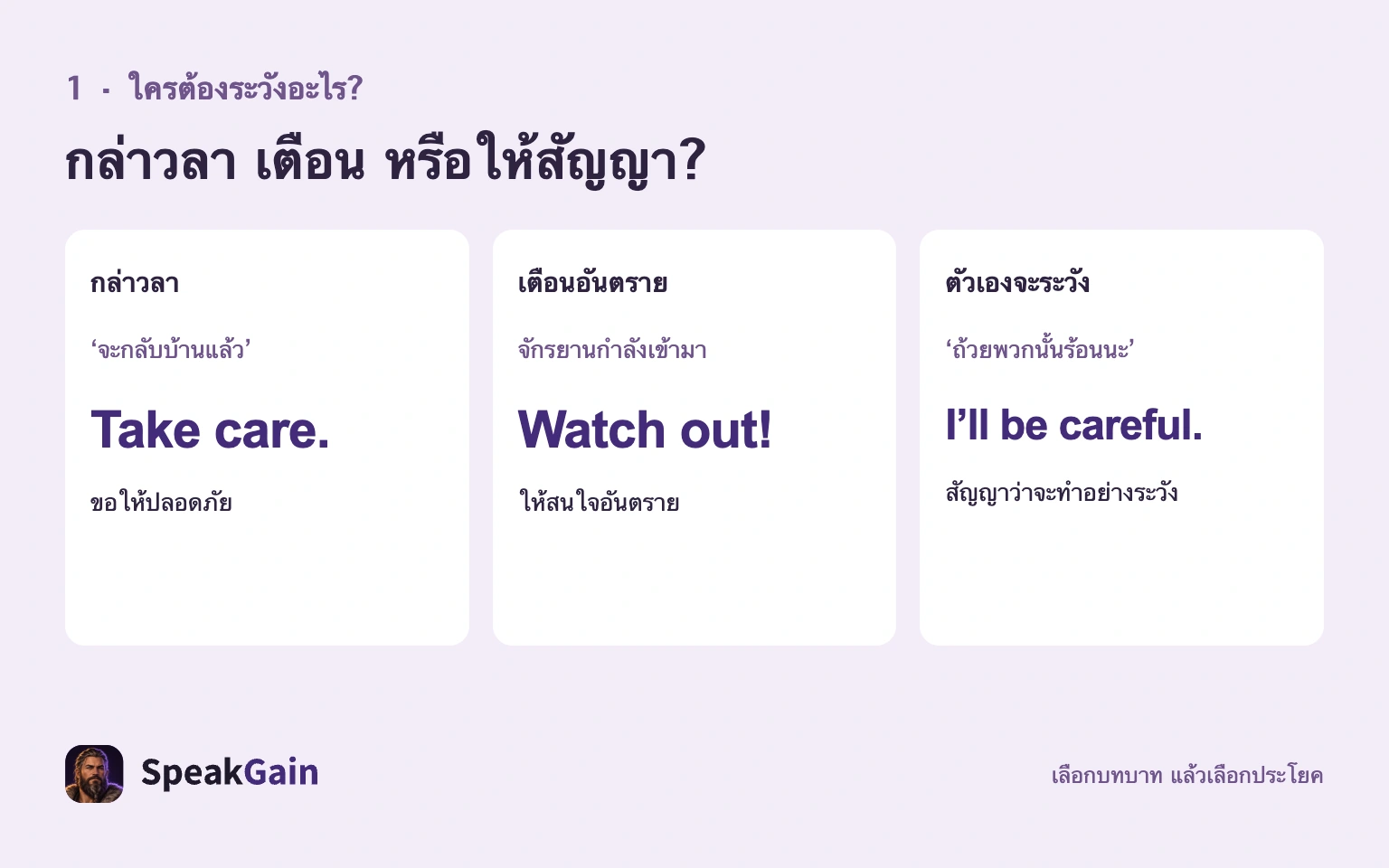 สามบทบาท: Take care. กล่าวลา Watch out! เตือน และ I'll be careful. ให้สัญญา