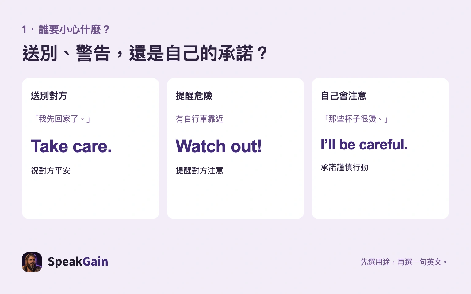 送別用Take care.、危險用Watch out!、自己的承諾用I'll be careful.的三種用途