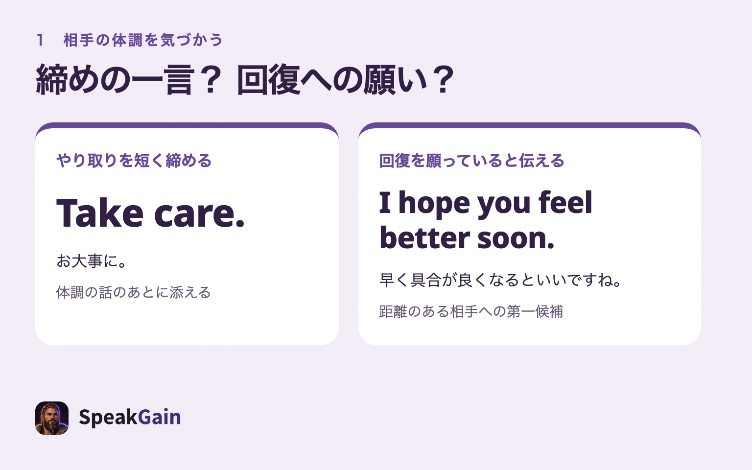 会話を締めるTake care.と回復を願うI hope you feel better soon.を、別々の目的として示した図