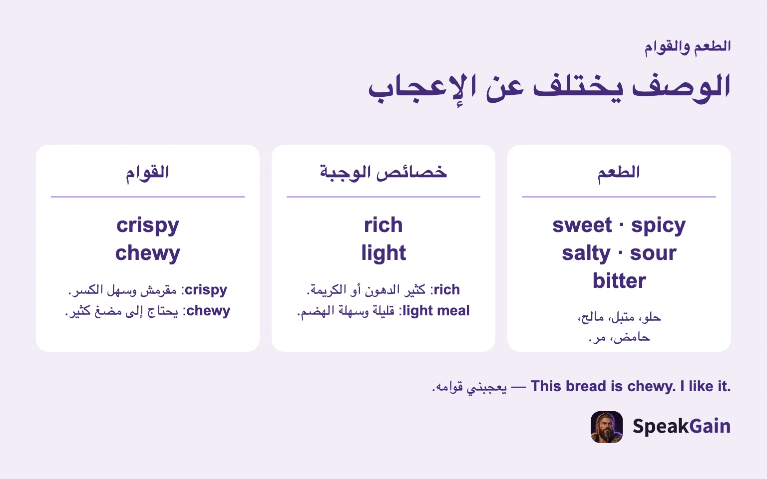 الوصف يختلف عن الإعجاب — sweet, spicy, salty, sour, bitter, rich, light, crispy, chewy
