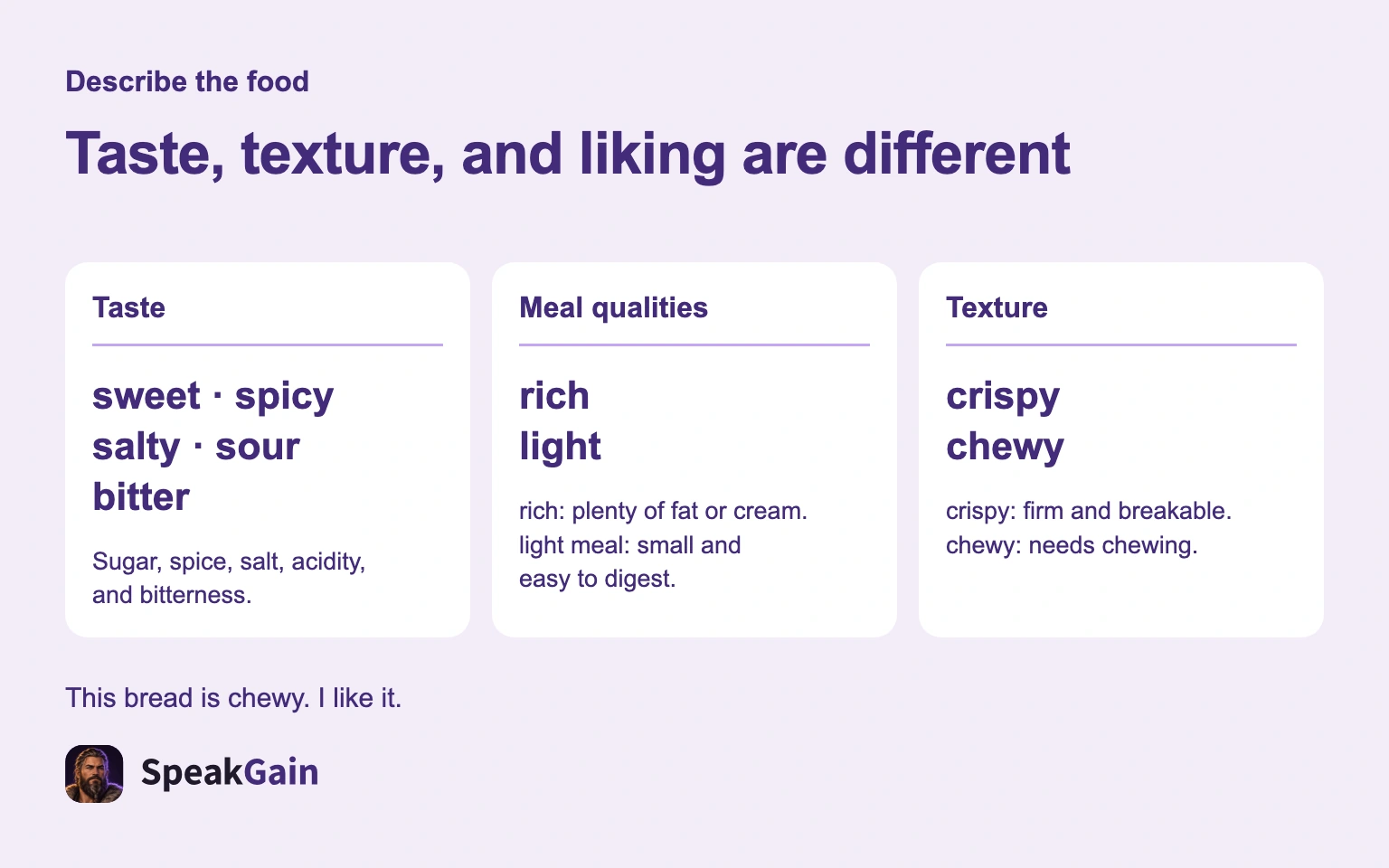 Taste, texture, and liking are different — sweet, spicy, salty, sour, bitter, rich, light, crispy, chewy