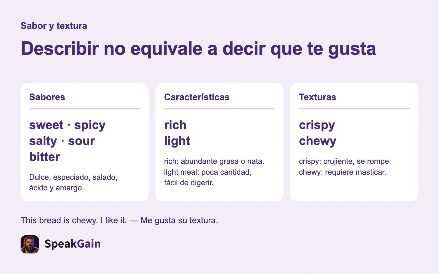 Describir no equivale a decir que te gusta — sweet, spicy, salty, sour, bitter, rich, light, crispy, chewy