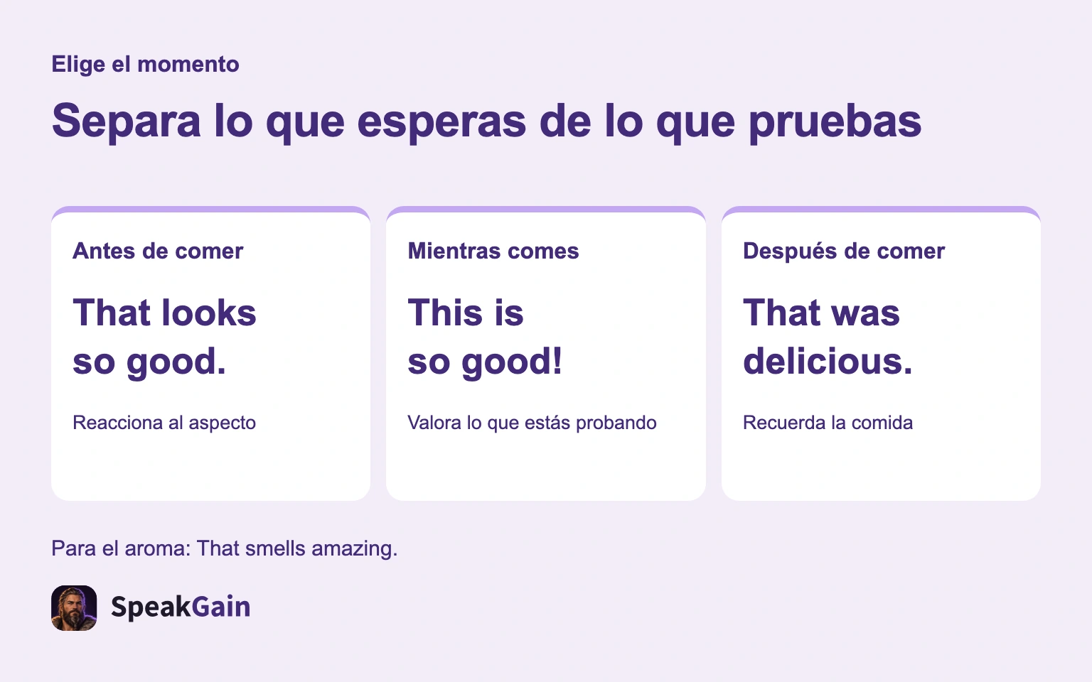 Separa lo que esperas de lo que pruebas — That looks so good. / This is so good! / That was delicious.