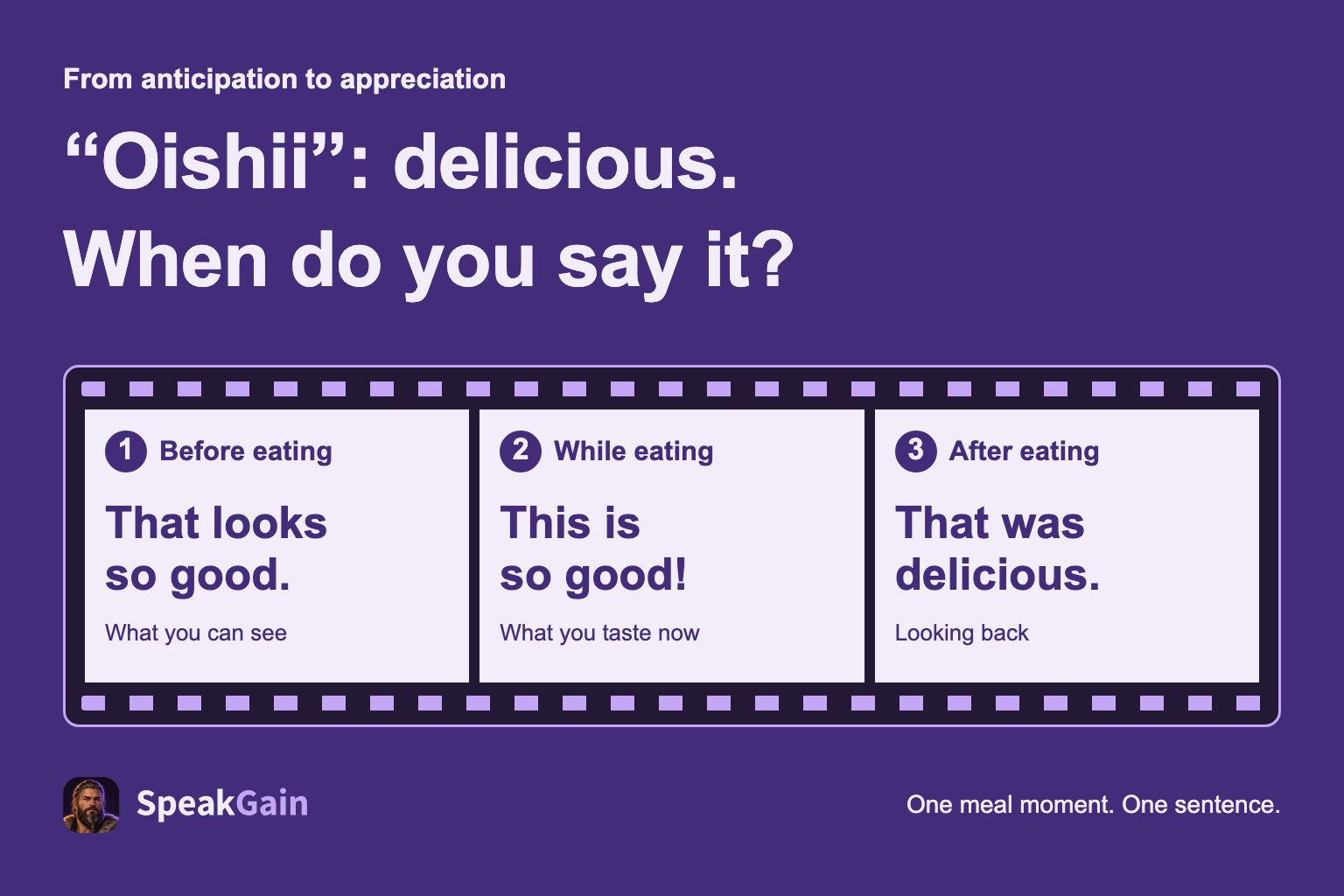 “Oishii”: delicious. When do you say it? — Before eating / While eating / After eating