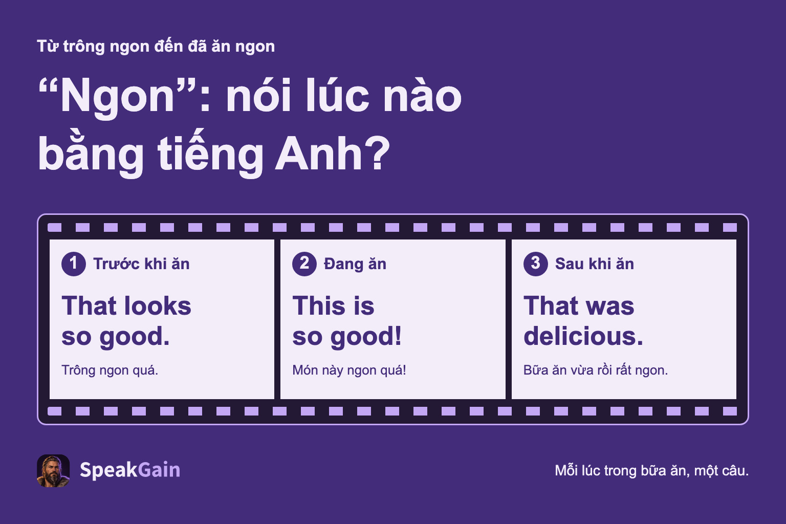 “Ngon”: nói lúc nào bằng tiếng Anh? — Trước khi ăn / Đang ăn / Sau khi ăn