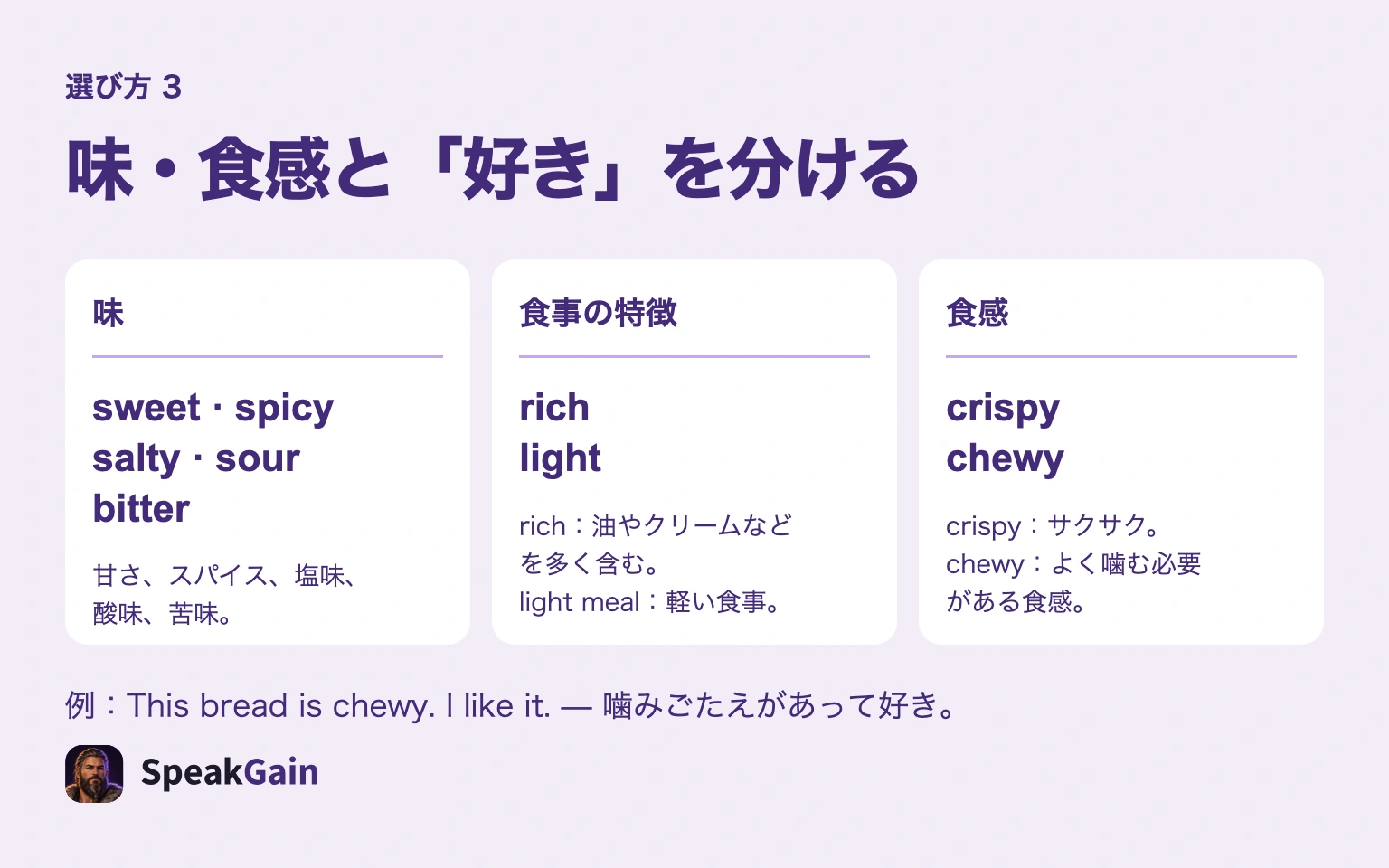 sweetやspicyなどの味、richやlightの食事の特徴、crispyやchewyの食感を分けて覚える図