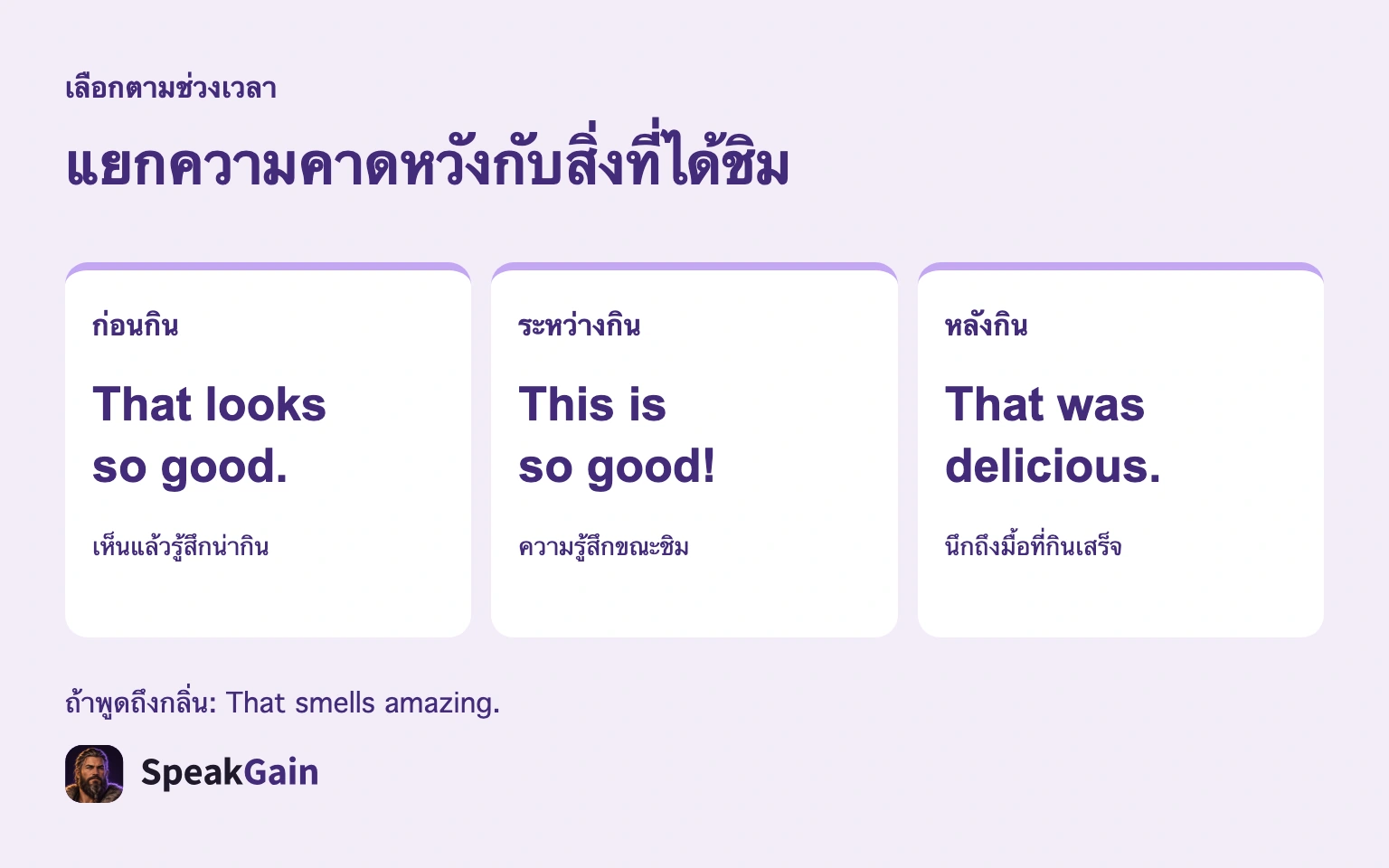 แยกความคาดหวังกับสิ่งที่ได้ชิม — That looks so good. / This is so good! / That was delicious.