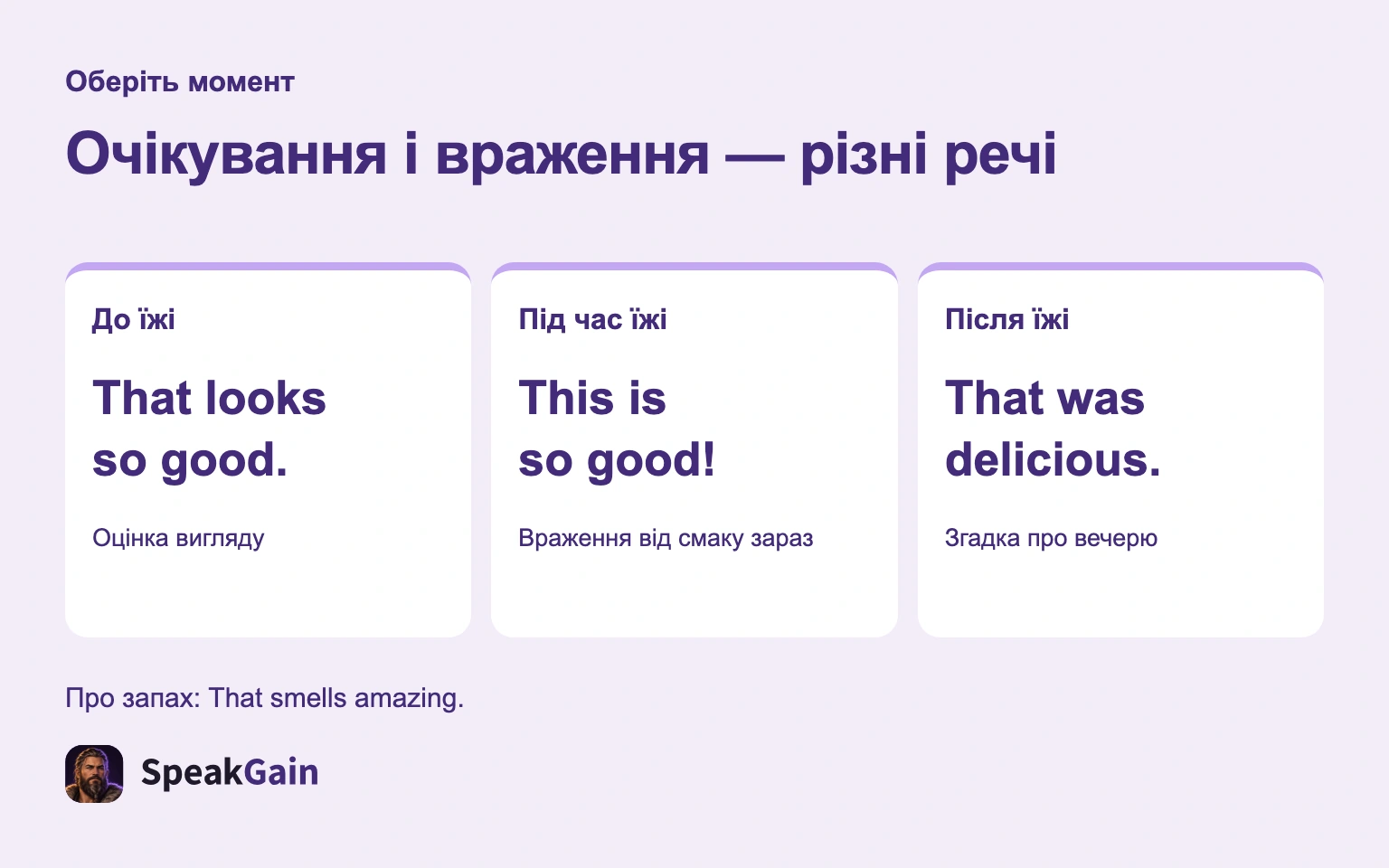 Очікування і враження — різні речі — That looks so good. / This is so good! / That was delicious.