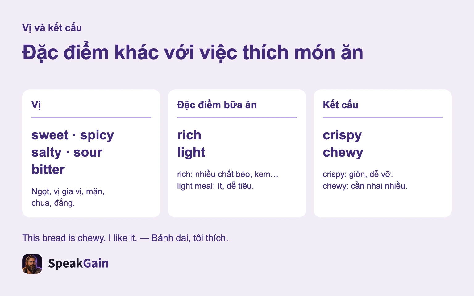 Đặc điểm khác với việc thích món ăn — sweet, spicy, salty, sour, bitter, rich, light, crispy, chewy