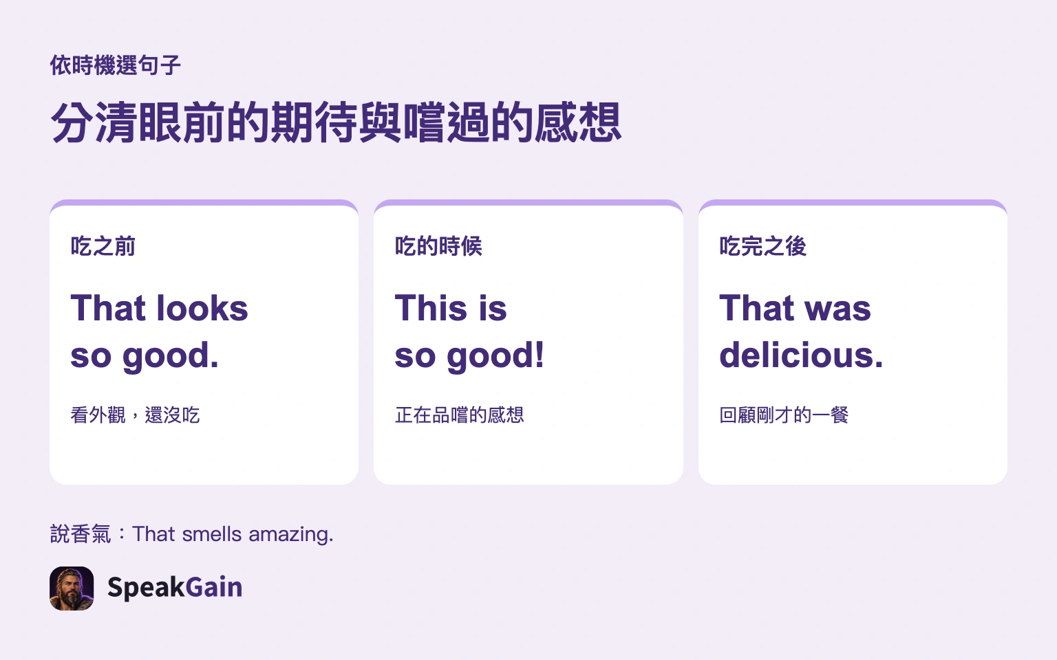 分清眼前的期待與嚐過的感想 — That looks so good. / This is so good! / That was delicious.