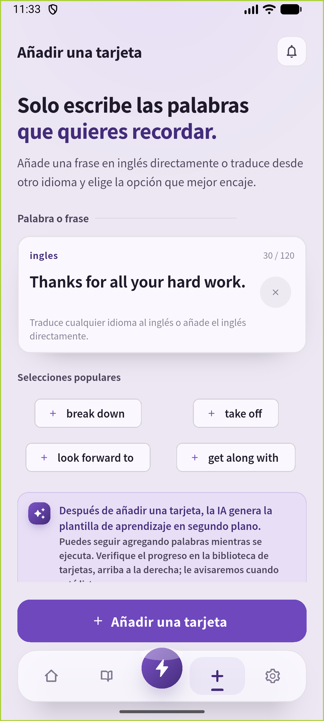 Pantalla Añadir de SpeakGain con la frase para agradecer a un compañero