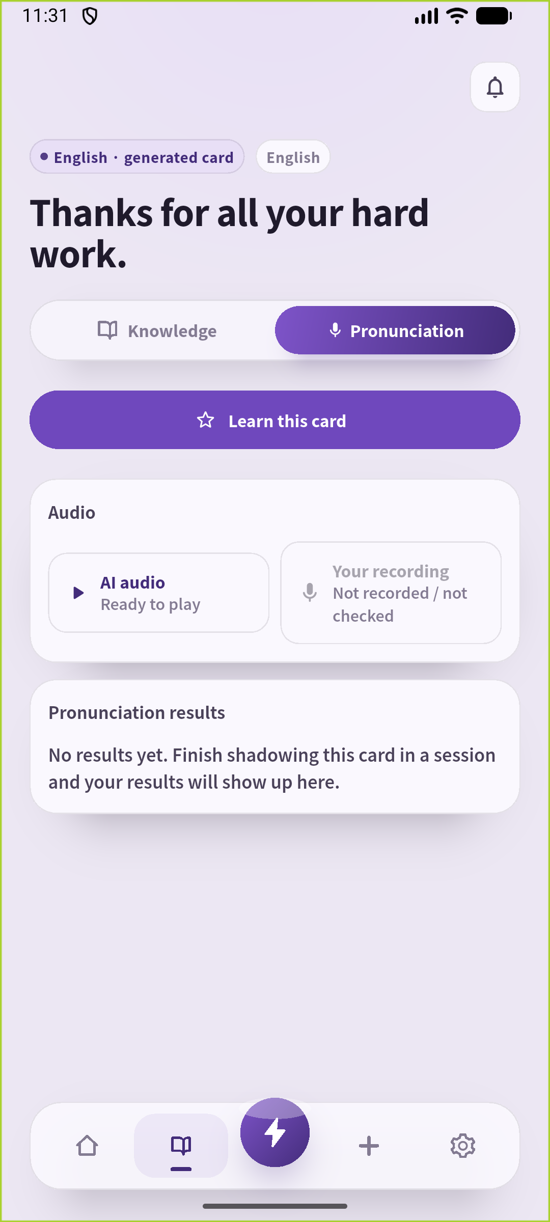 SpeakGain pronunciation screen for the saved thank-you sentence