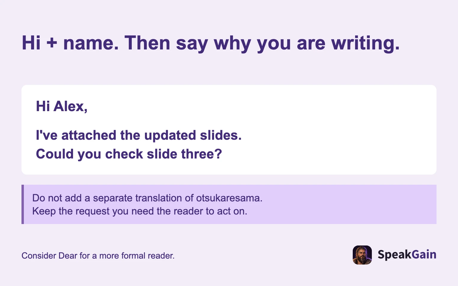 Hi + name. Then say why you are writing.