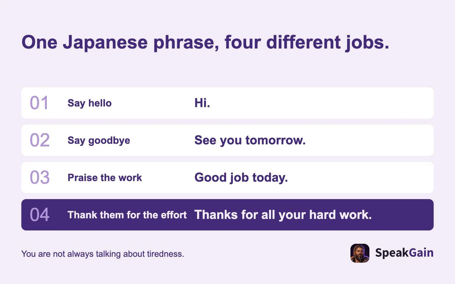 One Japanese phrase, four different jobs.