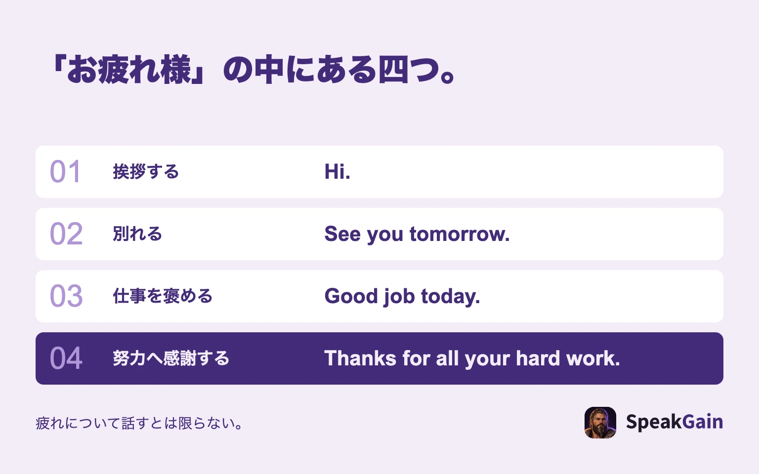 お疲れ様の役割を、挨拶、別れ、頑張りへの称賛、協力への感謝に分けた図