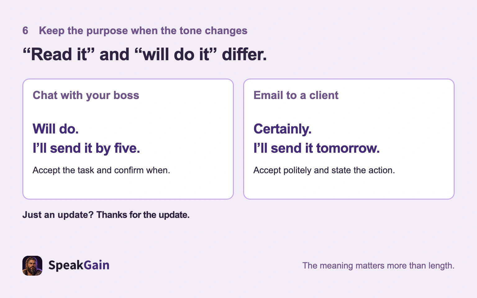 A chat and a client email both state the action being accepted