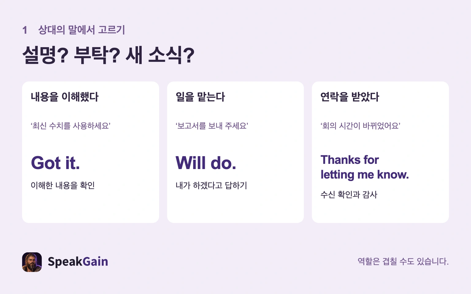 설명에는 이해, 부탁에는 행동, 새 소식에는 수신과 감사를 표현하는 그림