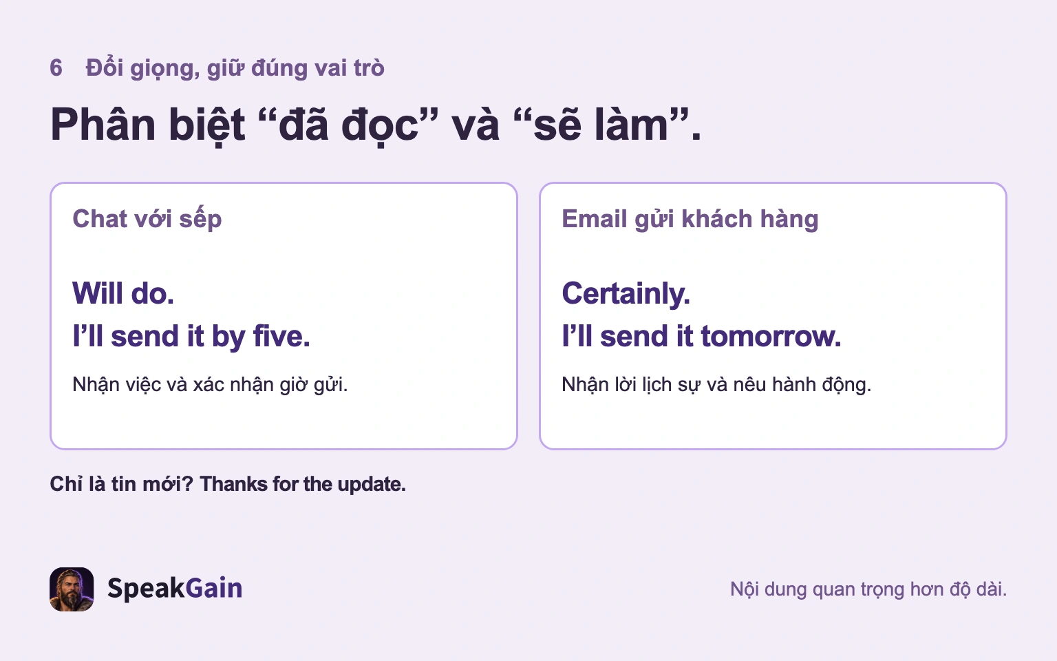 Trả lời sếp qua chat và khách hàng qua email nhưng vẫn nêu rõ hành động