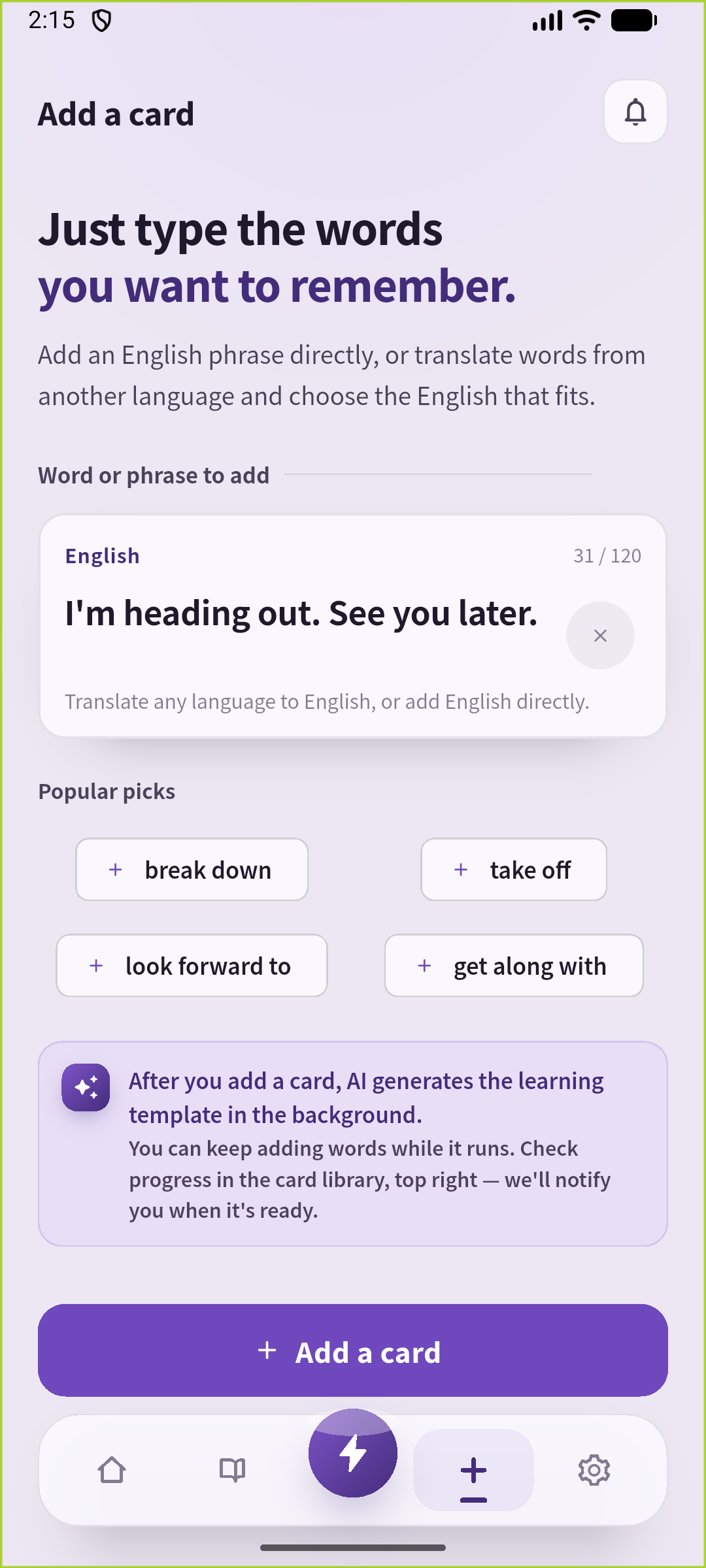 SpeakGain Add screen with the departure sentence entered
