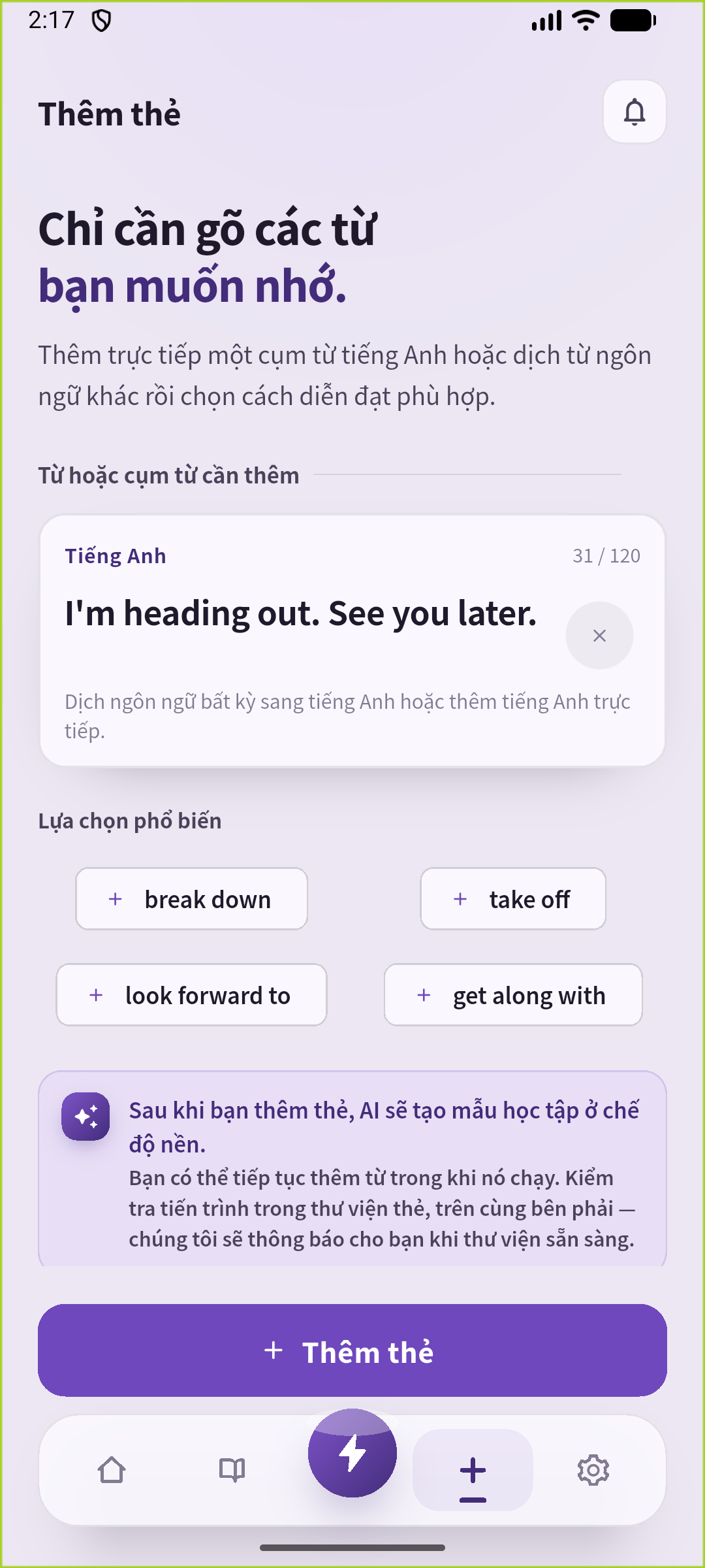 Màn hình thêm SpeakGain đã nhập câu dùng khi ra khỏi nhà