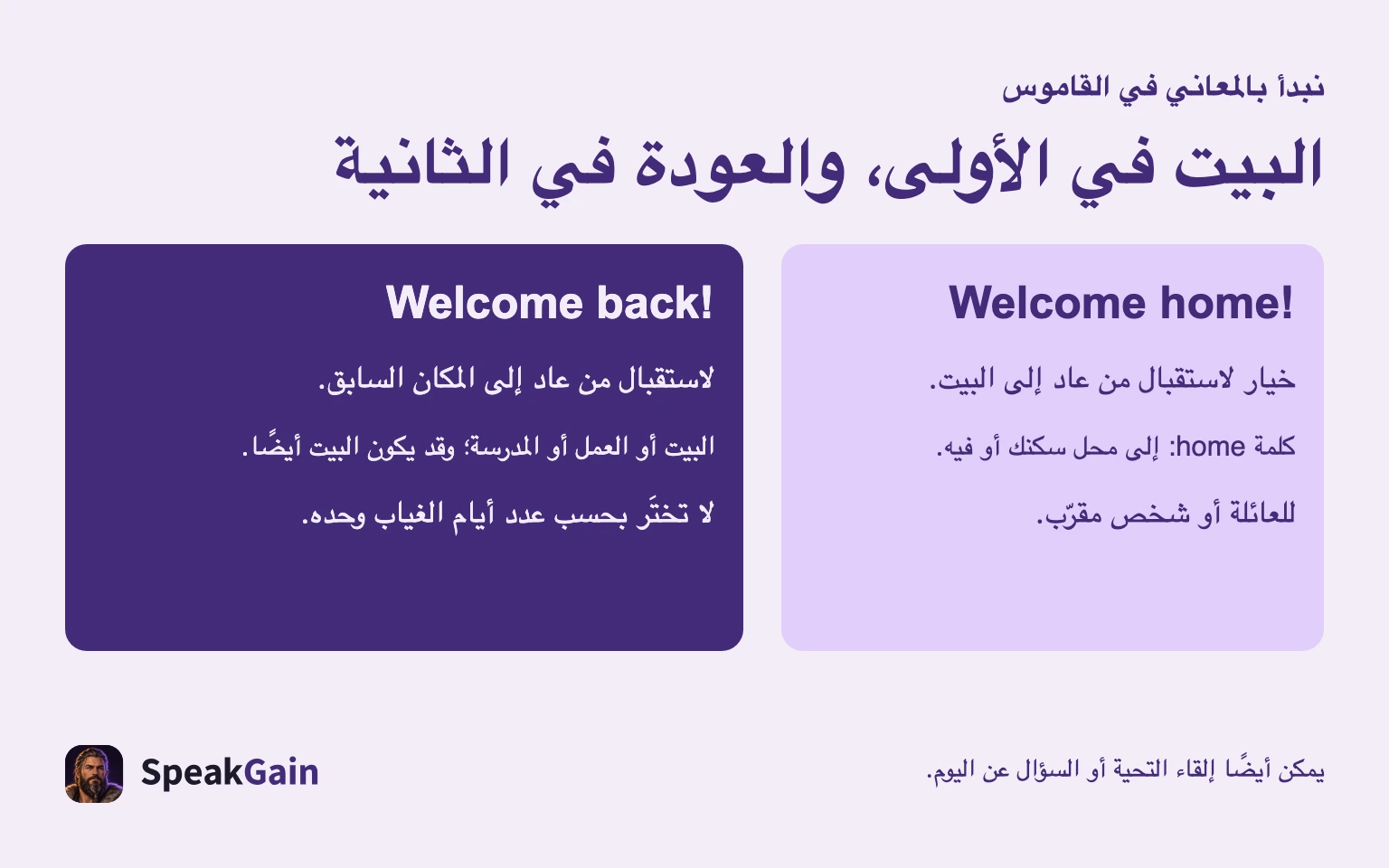 نبدأ بالمعاني في القاموس البيت في الأولى، والعودة في الثانية خيار لاستقبال من عاد إلى البيت. كلمة البيت: إلى محل سكنك أو فيه. للعائلة أو شخص مقرّب. لاستقبال من عاد إلى المكان السابق. البيت أو العمل أو المدرسة؛ وقد يكون البيت أيضًا. لا تختَر بحسب عدد أيام الغياب وحده. يمكن أيضًا إلقاء التحية أو السؤال عن اليوم.