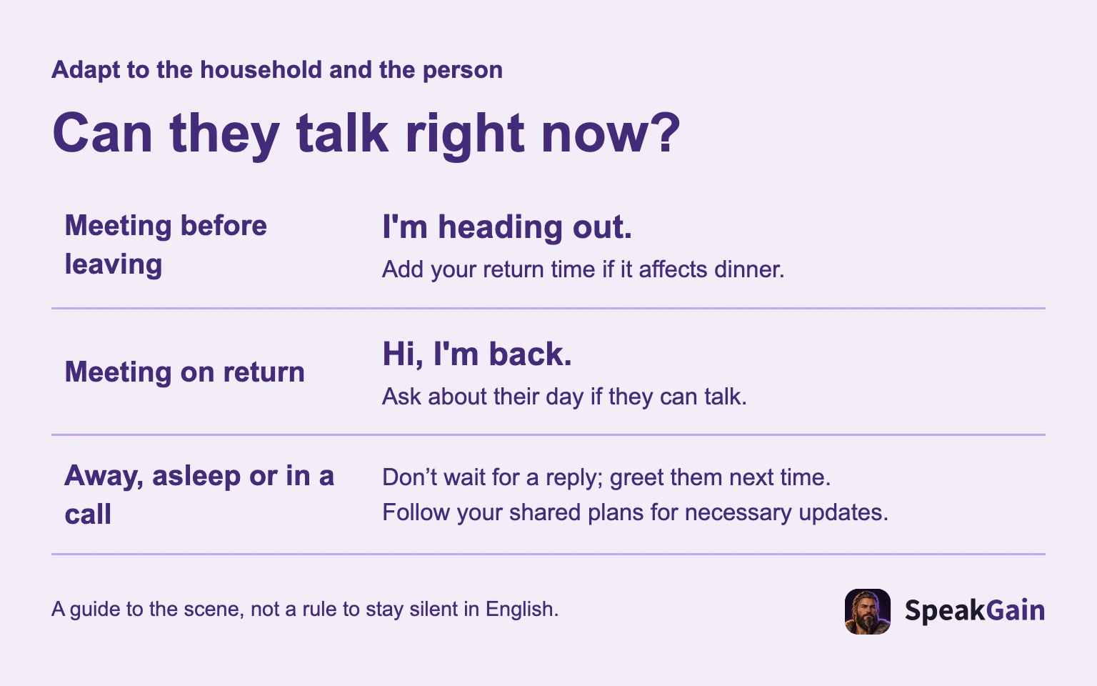 Adapt to the household and the person Can they talk right now? Meeting before leaving Meeting on return Away, asleep or in a call Add your return time if it affects dinner. Ask about their day if they can talk. Don’t wait for a reply; greet them next time. Follow your shared plans for necessary updates. A guide to the scene, not a rule to stay silent in English.