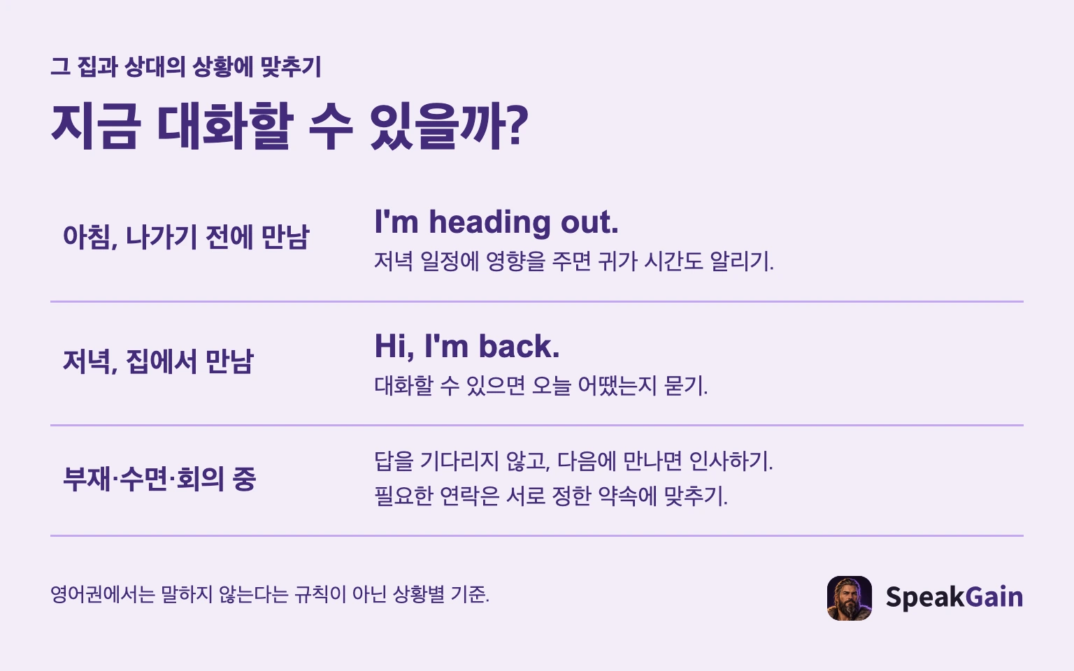 그 집과 상대의 상황에 맞추기 지금 대화할 수 있을까? 아침, 나가기 전에 만남 저녁, 집에서 만남 부재·수면·회의 중 저녁 일정에 영향을 주면 귀가 시간도 알리기. 대화할 수 있으면 오늘 어땠는지 묻기. 답을 기다리지 않고, 다음에 만나면 인사하기. 필요한 연락은 서로 정한 약속에 맞추기. 영어권에서는 말하지 않는다는 규칙이 아닌 상황별 기준.