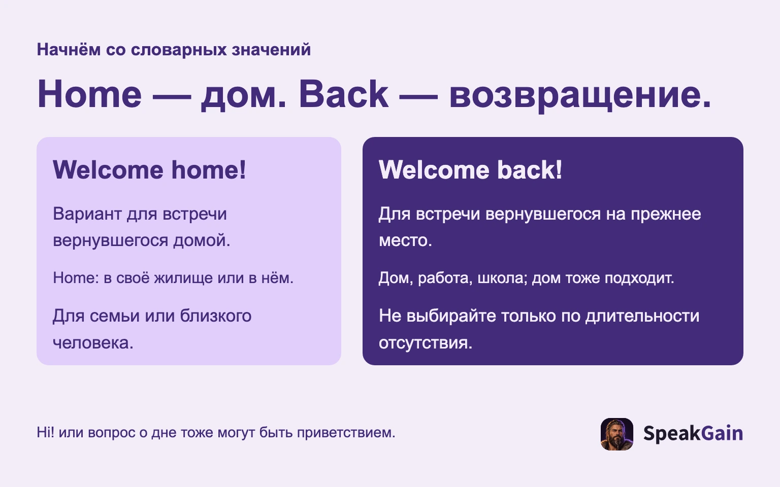 Начнём со словарных значений Home — дом. Back — возвращение. Вариант для встречи вернувшегося домой. Home: в своё жилище или в нём. Для семьи или близкого человека. Для встречи вернувшегося на прежнее место. Дом, работа, школа; дом тоже подходит. Не выбирайте только по длительности отсутствия. Hi! или вопрос о дне тоже могут быть приветствием.