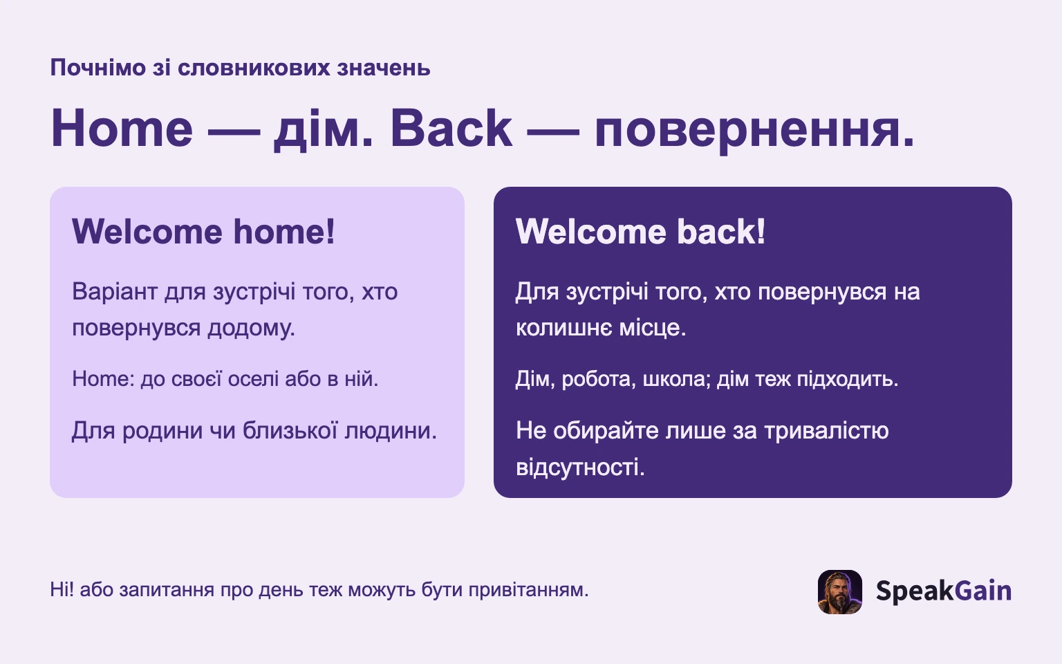 Почнімо зі словникових значень Home — дім. Back — повернення. Варіант для зустрічі того, хто повернувся додому. Home: до своєї оселі або в ній. Для родини чи близької людини. Для зустрічі того, хто повернувся на колишнє місце. Дім, робота, школа; дім теж підходить. Не обирайте лише за тривалістю відсутності. Hi! або запитання про день теж можуть бути привітанням.