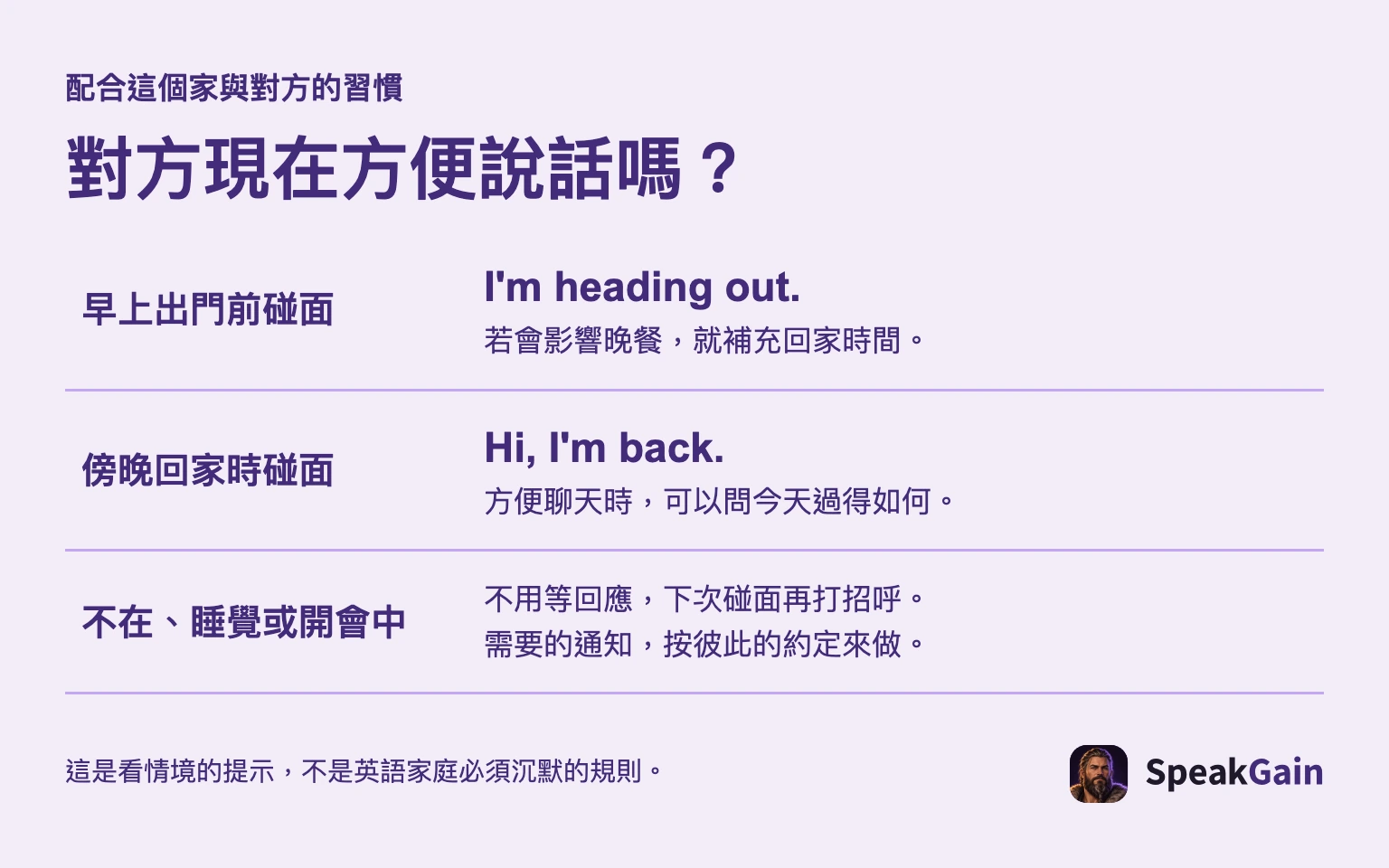 配合這個家與對方的習慣 對方現在方便說話嗎？ 早上出門前碰面 傍晚回家時碰面 不在、睡覺或開會中 若會影響晚餐，就補充回家時間。 方便聊天時，可以問今天過得如何。 不用等回應，下次碰面再打招呼。 需要的通知，按彼此的約定來做。 這是看情境的提示，不是英語家庭必須沉默的規則。