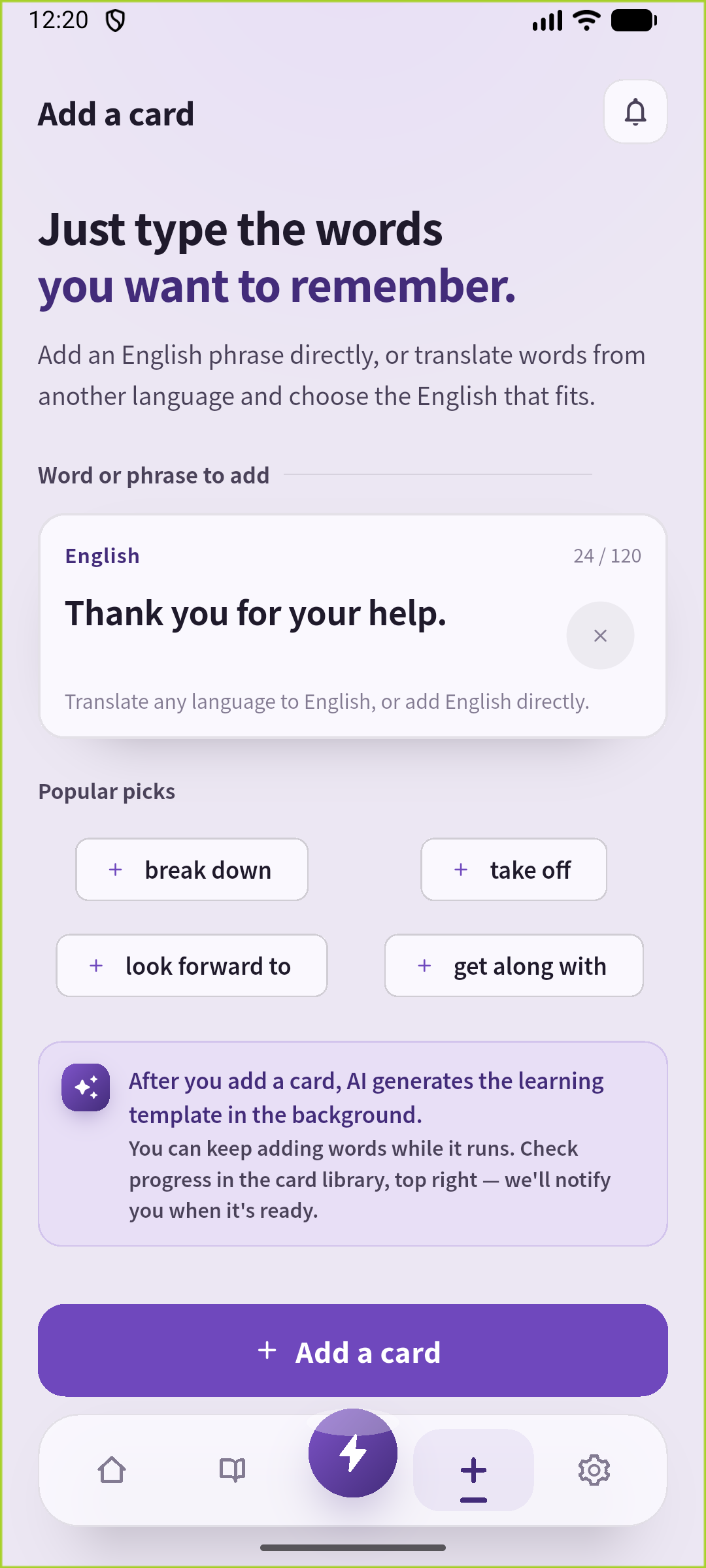 The Add screen contains Thank you for your help, used at work and at the shop.