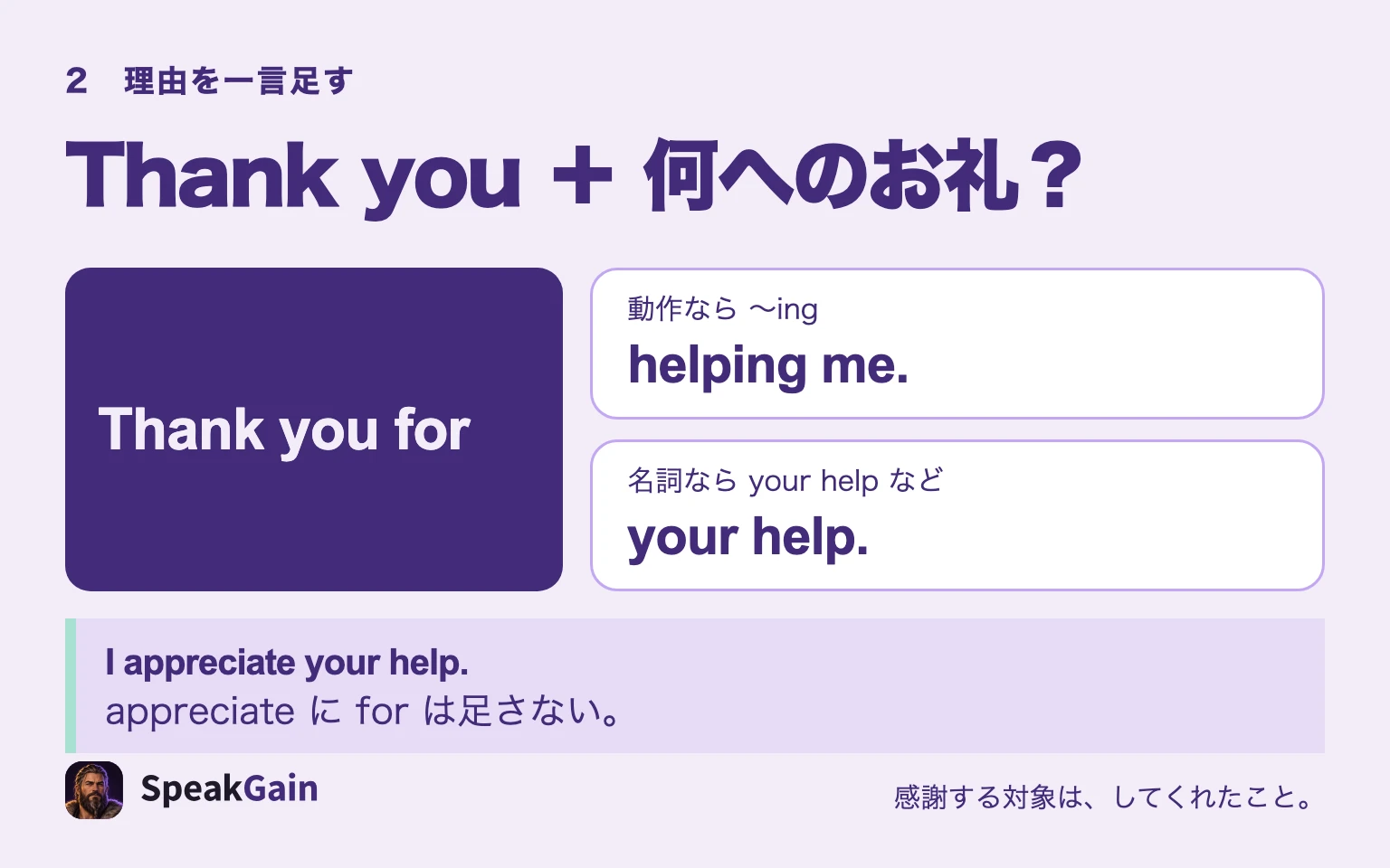 Thank you forの後にhelping meという動作かyour helpという名詞を足し、I appreciateではforを使わずyour helpを続ける型