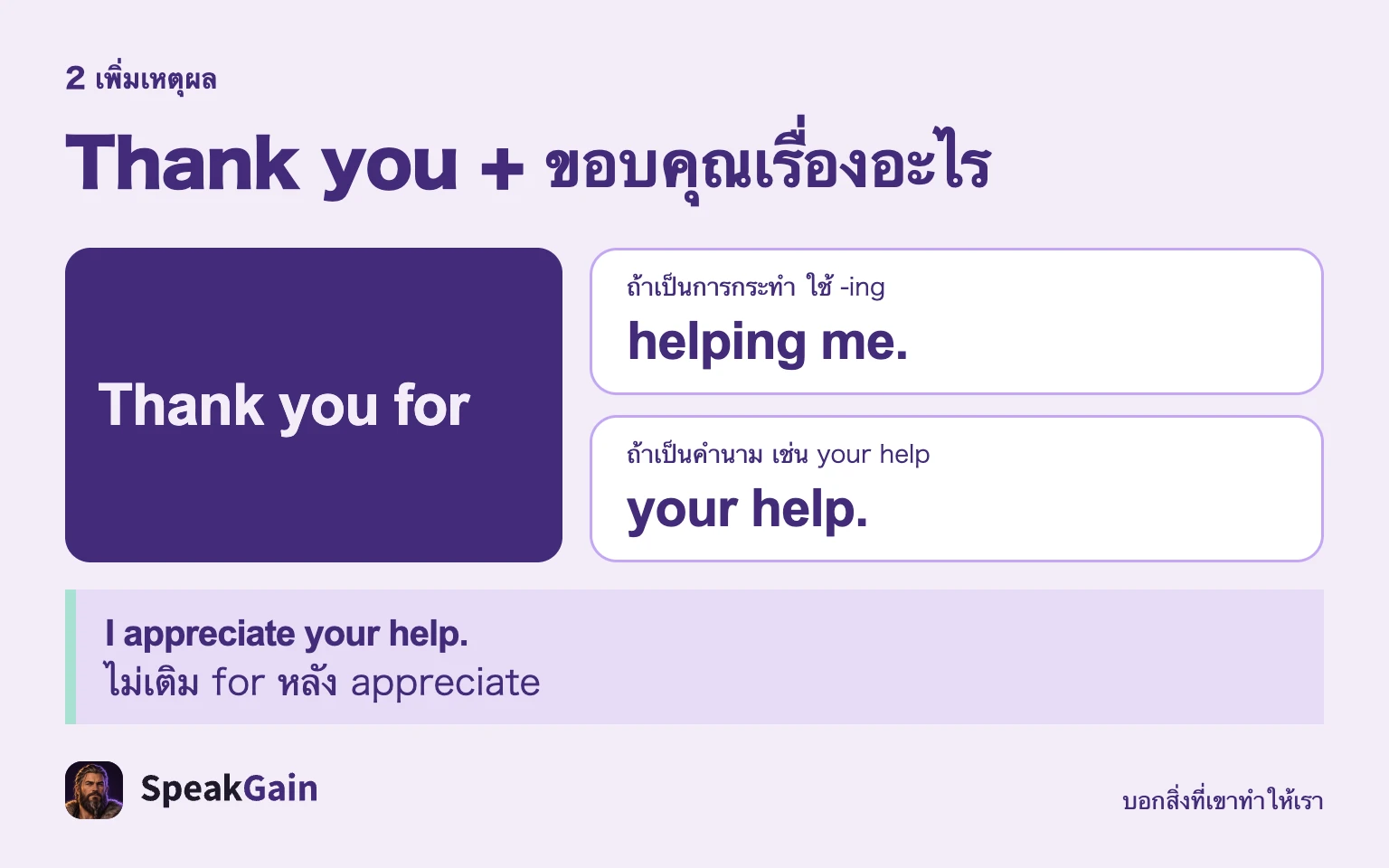 การกระทำใช้ -ing คำนามใช้ your help และไม่เติม for หลัง appreciate