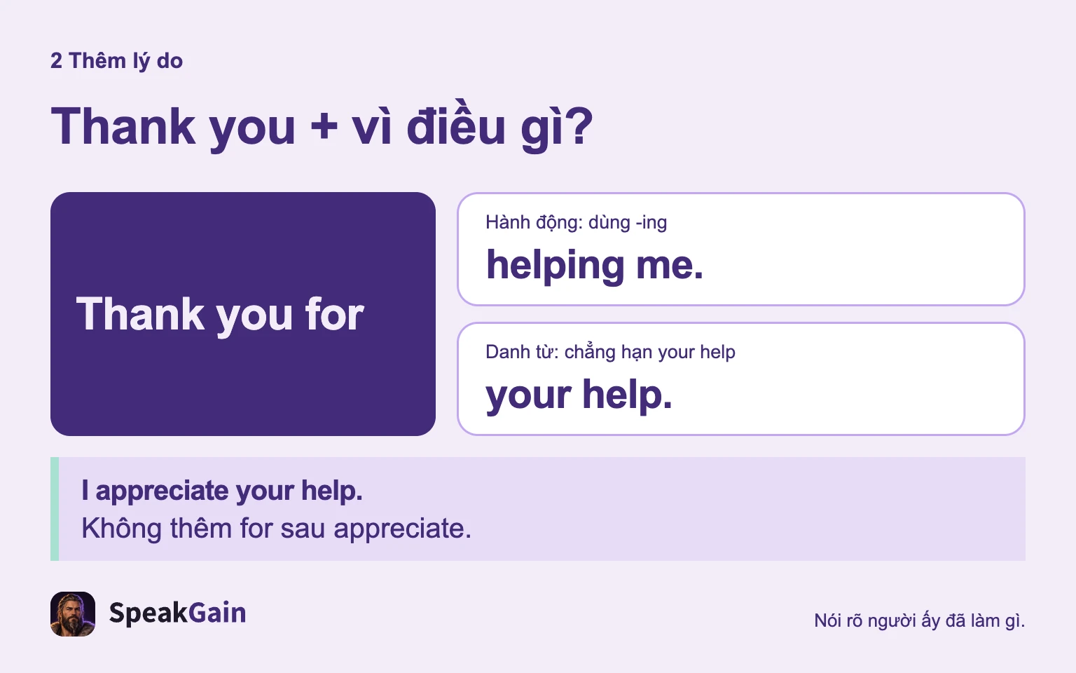 Dùng -ing cho hành động, your help cho danh từ; không thêm for sau appreciate.