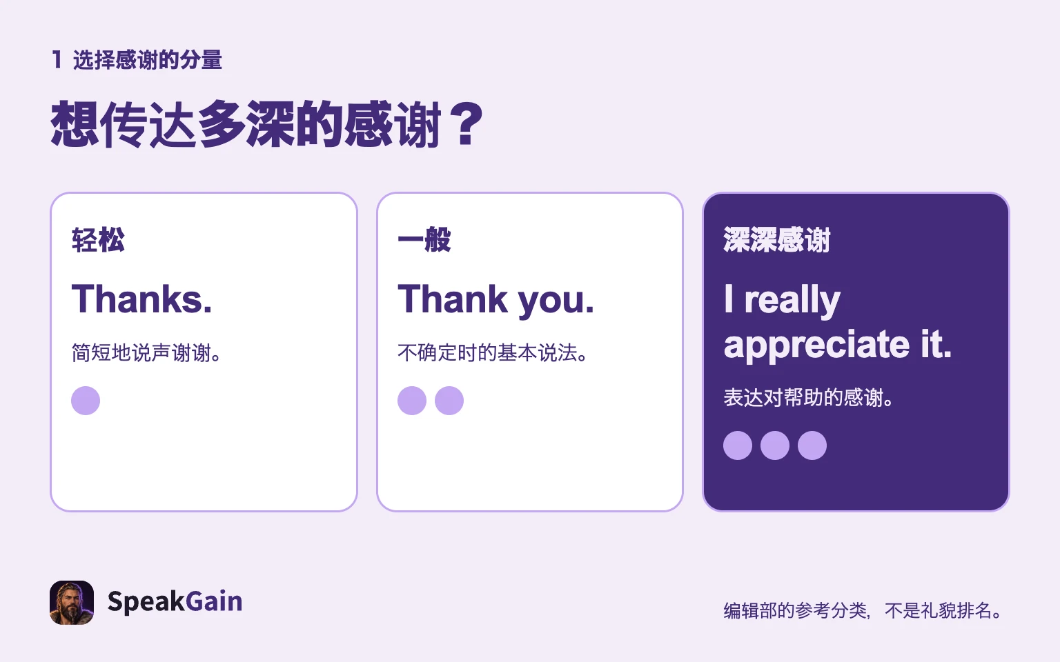 感谢的分量与礼貌程度不同；还要考虑彼此的关系。