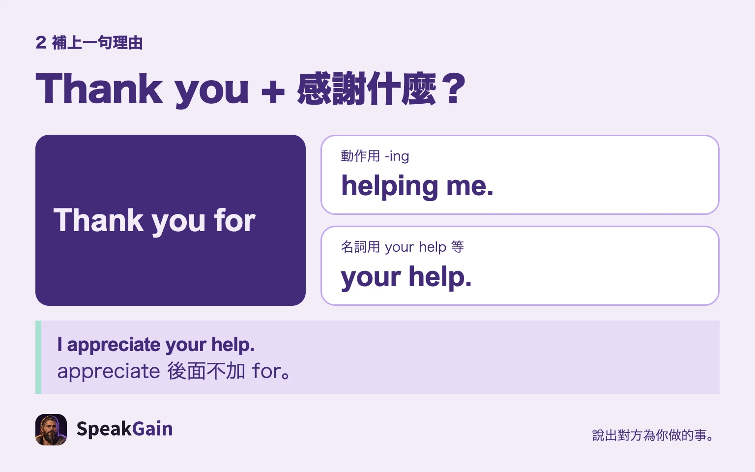 動作用 helping me,名詞用 your help;appreciate 後面不加 for。