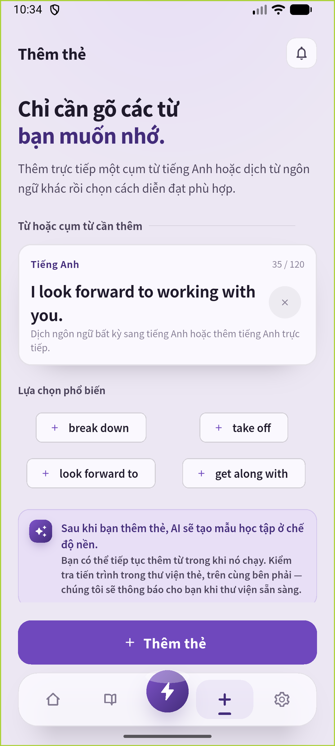 Màn hình Add của SpeakGain với câu về hợp tác đã nhập