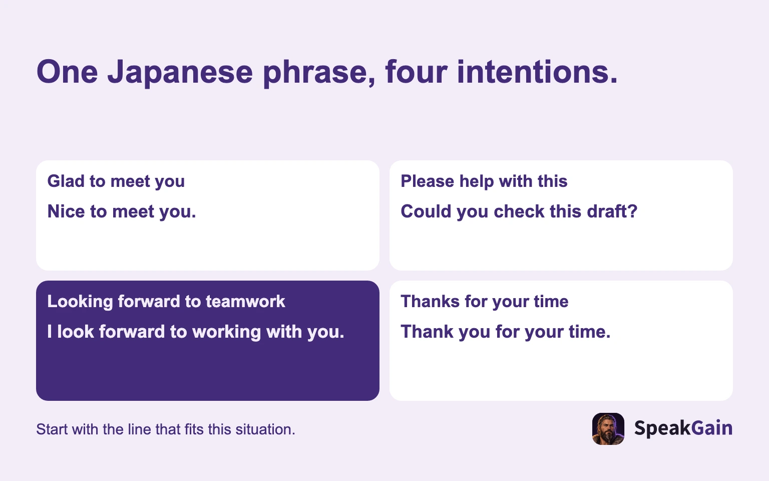 One Japanese phrase, four intentions. Glad to meet you / Please help with this / Looking forward to teamwork / Thanks for your time