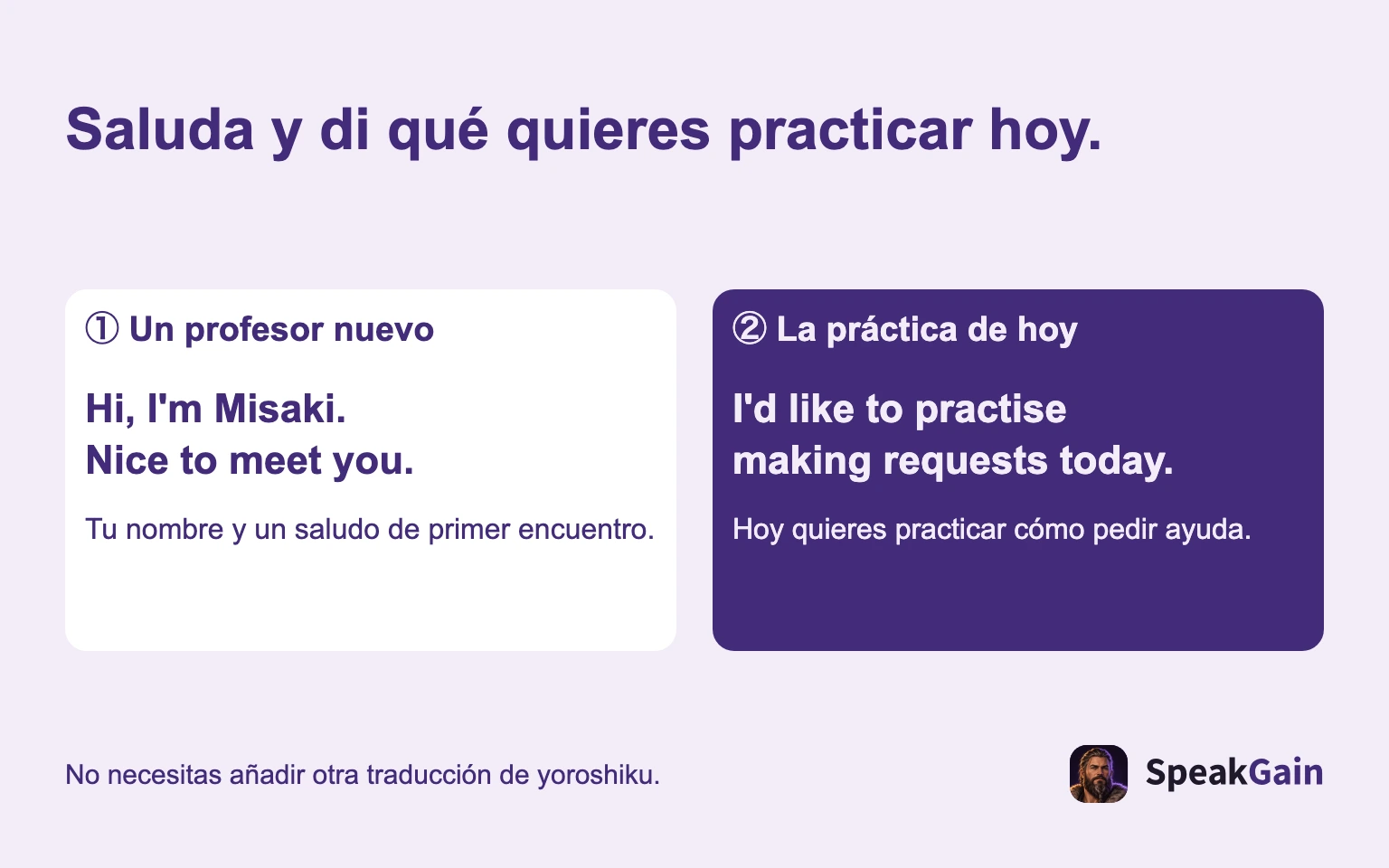 Saluda y di qué quieres practicar hoy. ① Un profesor nuevo / ② La práctica de hoy