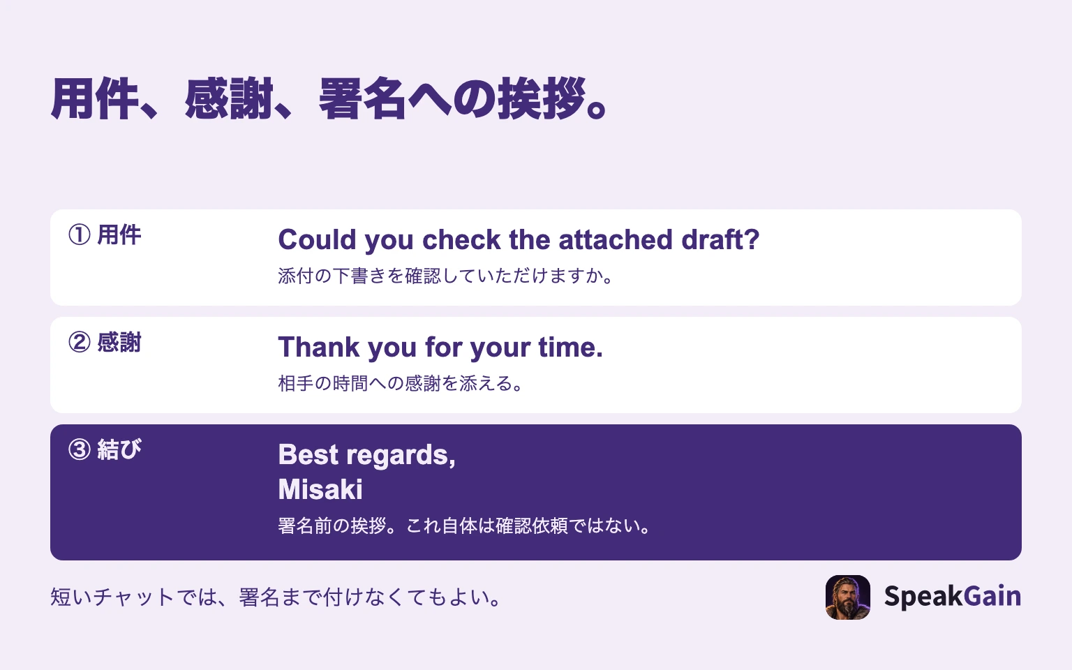 メールを具体的な用件、感謝、署名前の挨拶の三つに分けた図。Best regardsだけでは依頼にならない