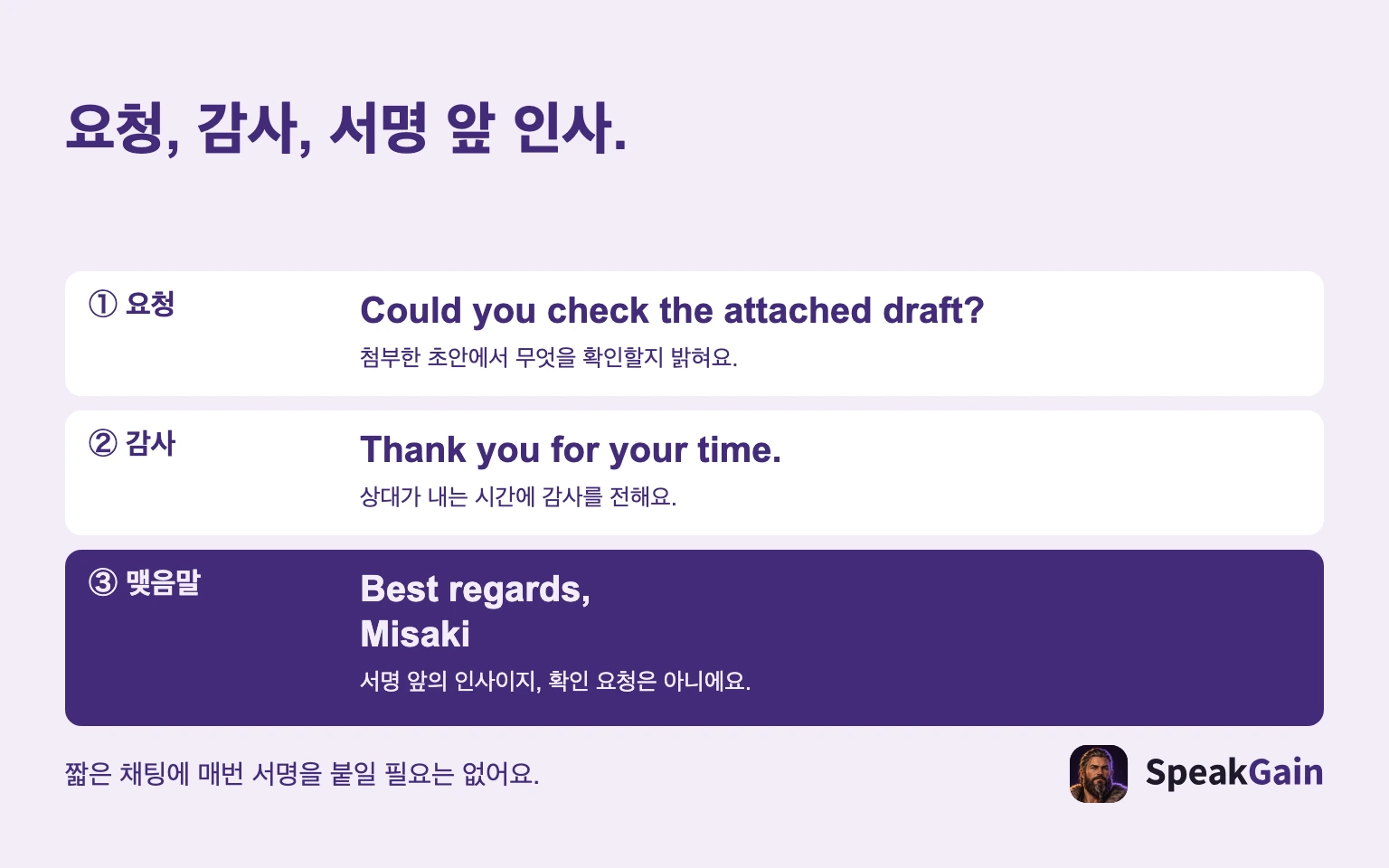 요청, 감사, 서명 앞 인사. ① 요청 / ② 감사 / ③ 맺음말