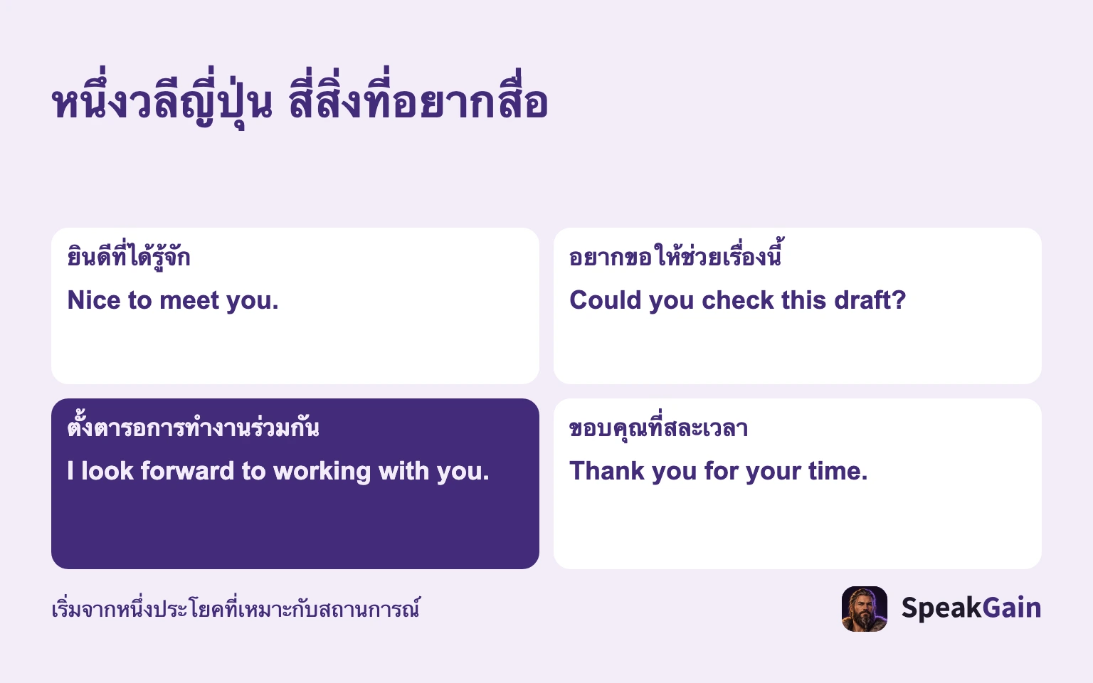 หนึ่งวลีญี่ปุ่น สี่สิ่งที่อยากสื่อ ยินดีที่ได้รู้จัก / อยากขอให้ช่วยเรื่องนี้ / ตั้งตารอการทำงานร่วมกัน / ขอบคุณที่สละเวลา