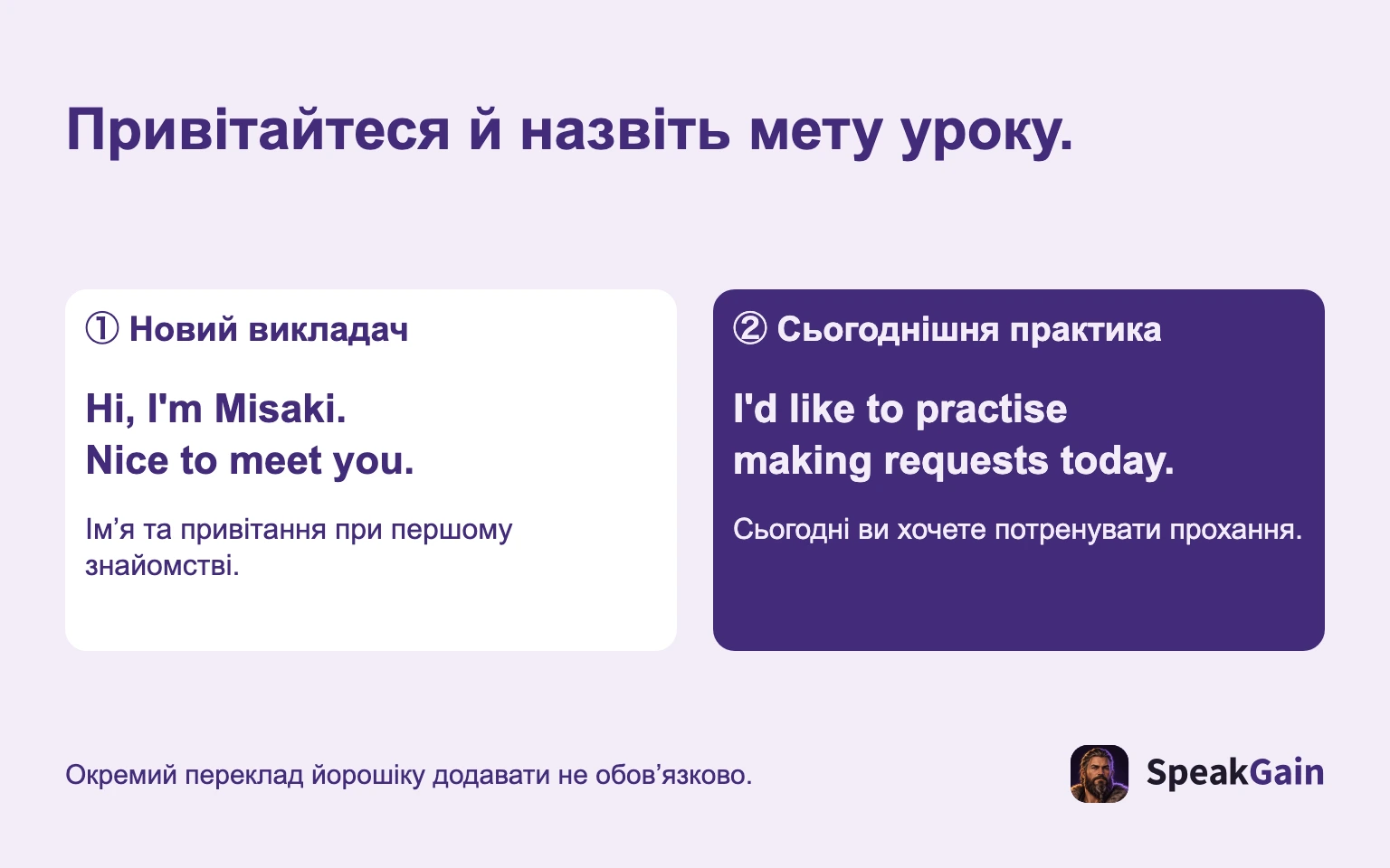 Привітайтеся й назвіть мету уроку. ① Новий викладач / ② Сьогоднішня практика