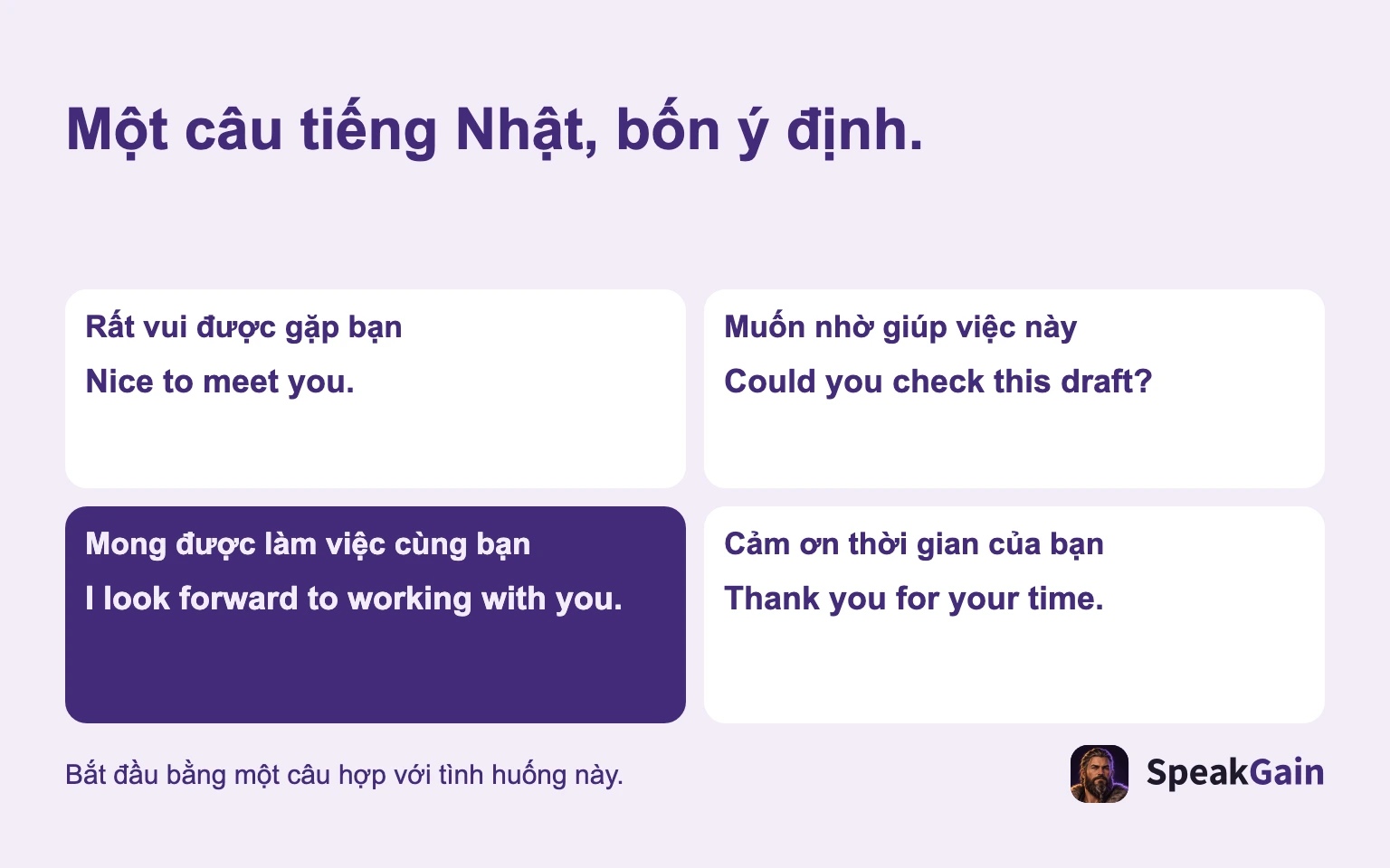 Một câu tiếng Nhật, bốn ý định. Rất vui được gặp bạn / Muốn nhờ giúp việc này / Mong được làm việc cùng bạn / Cảm ơn thời gian của bạn