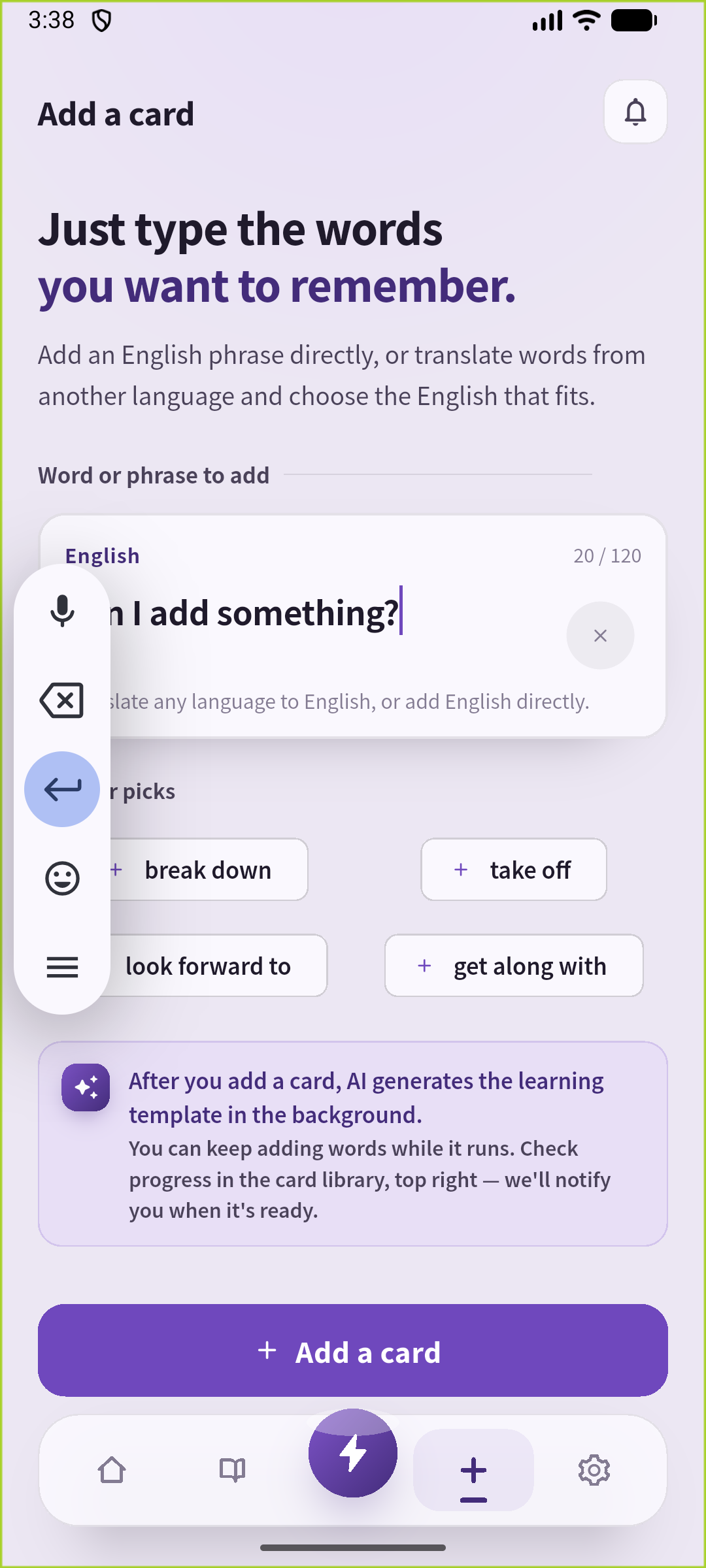 SpeakGainのAdd画面にCan I add somethingと入力し、会議で補足する入口の一文を保存する直前の状態