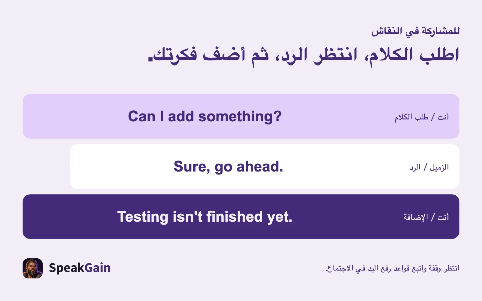 اطلب الكلام، انتظر الرد، ثم أضف فكرتك.