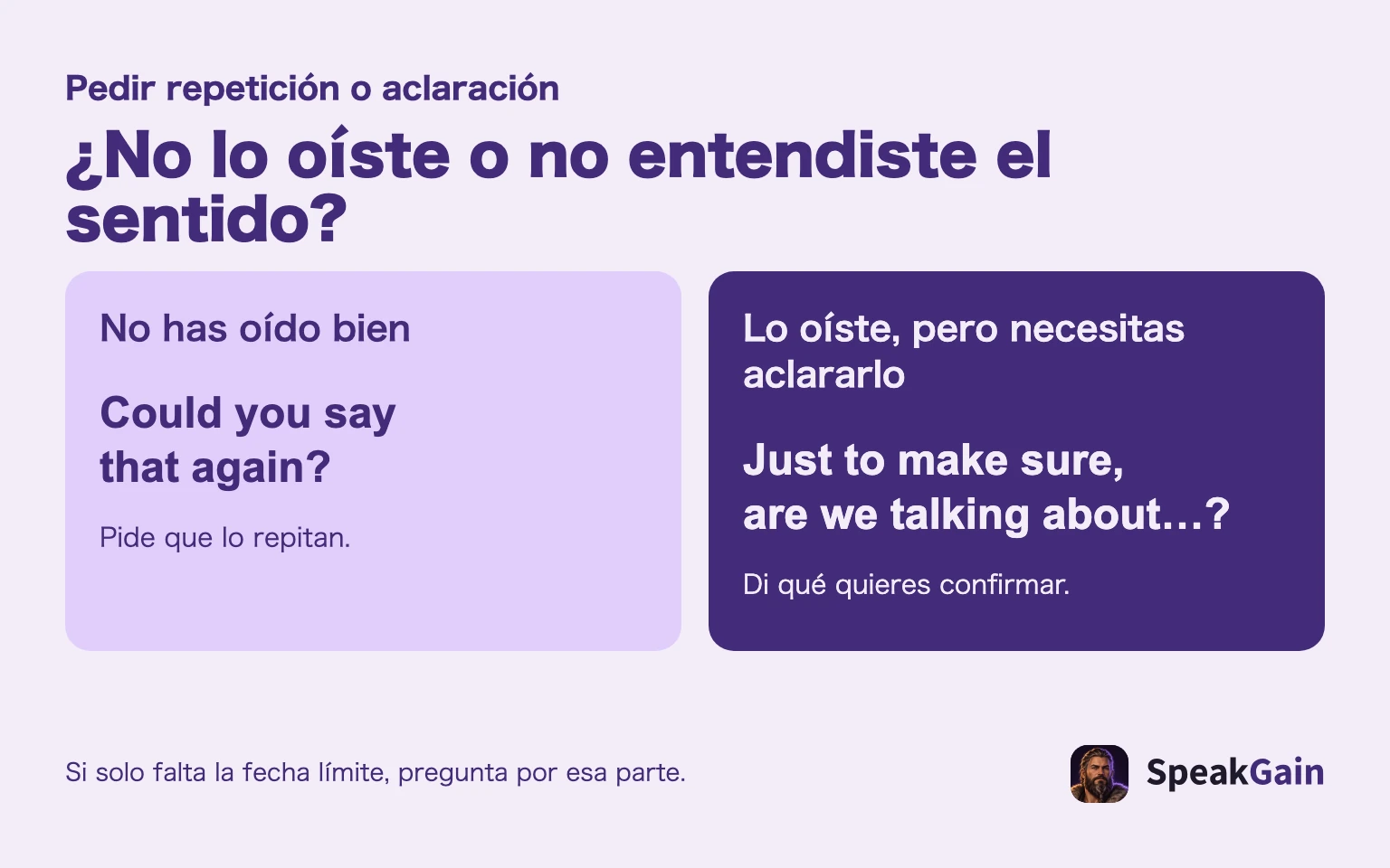 Pide repetición si no oíste; devuelve tu interpretación si necesitas aclarar el sentido.