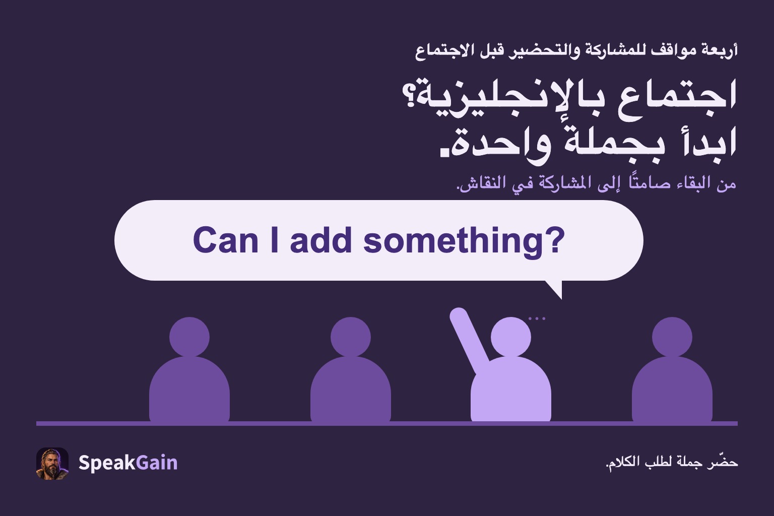 أربعة مشاركين في اجتماع، أحدهم يرفع يده ويطلب إضافة فكرة بجملة إنجليزية.