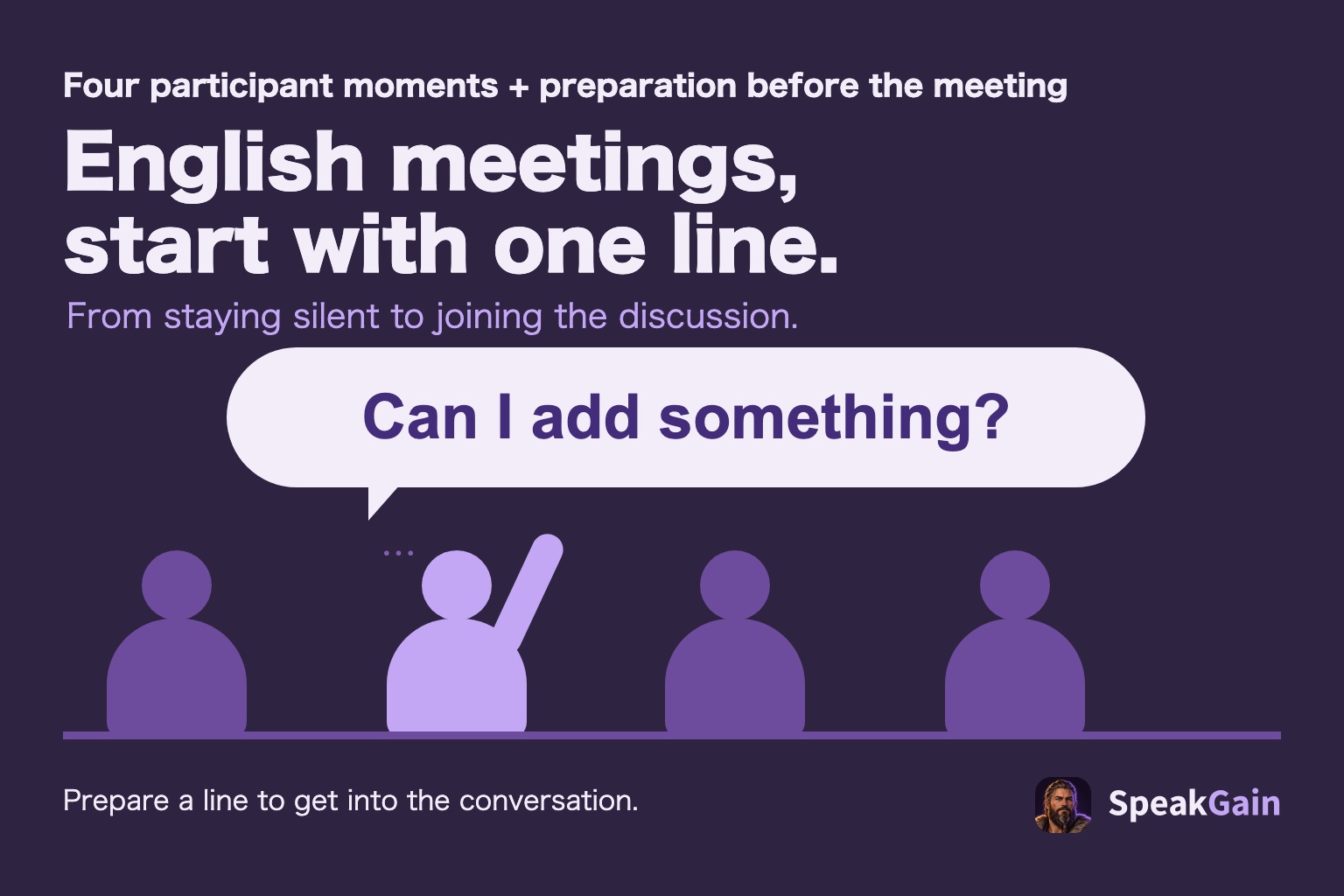 Four meeting participants, with one raising a hand to ask Can I add something?